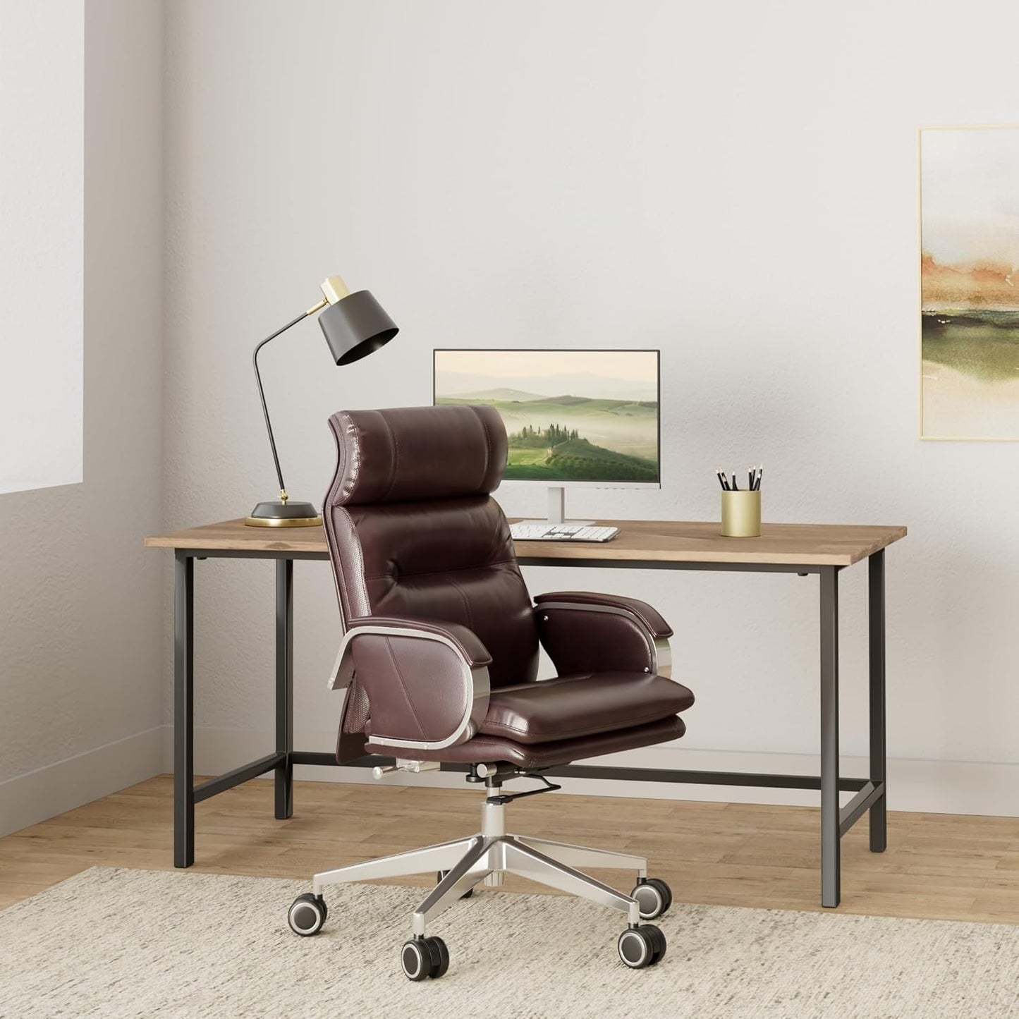 Genuine Leather Modern Executive Chair High-Back Support 90 to 150 Degrees Tilt and Upholstered Home Desk Chair with Base 360LB Capacity Swivel Computer Office Chair (Brown)