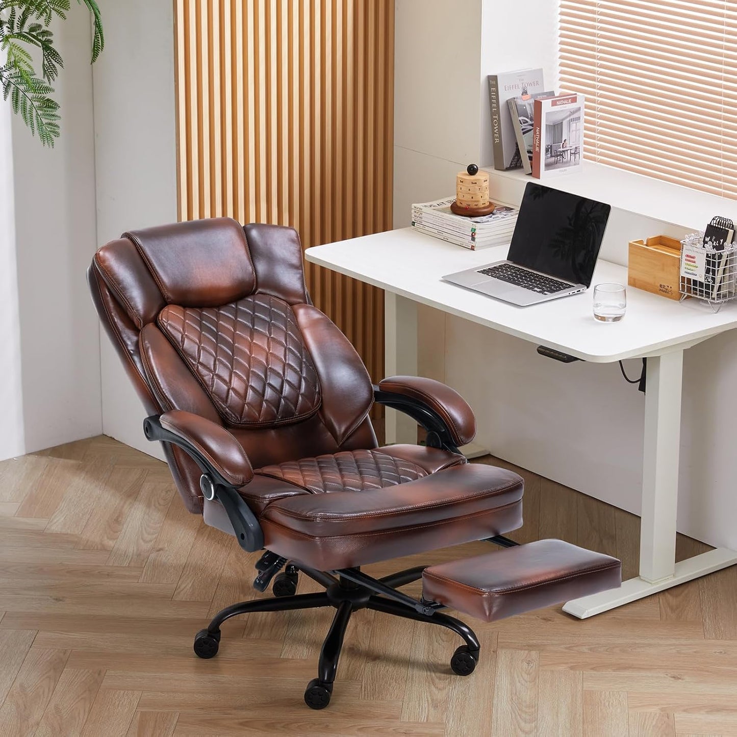 Ergonomic Office Chair with Foot Rest, Executive Chair with Footrest PU Leather Computer Chair, Big and Tall Chair Reclining Desk Chair, Thick Padded Coil Spring Seat, 400 lbs Capacity (Brown)