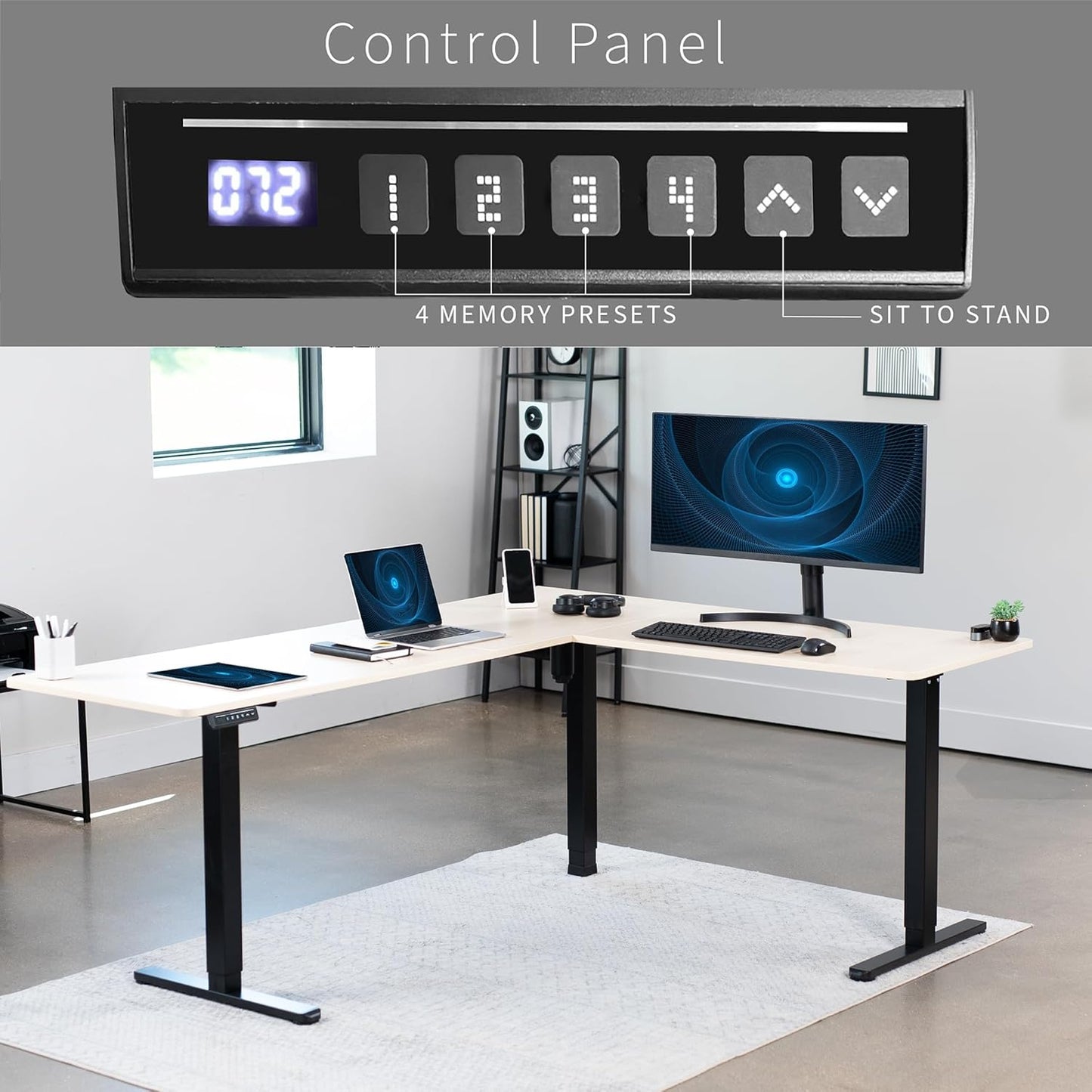 VIVO Electric Corner L-Shaped 75 x 63 in Standing Desk, Memory Height Adjustment, Light Wood Top Black Frame, DESK-E3CTBC-75