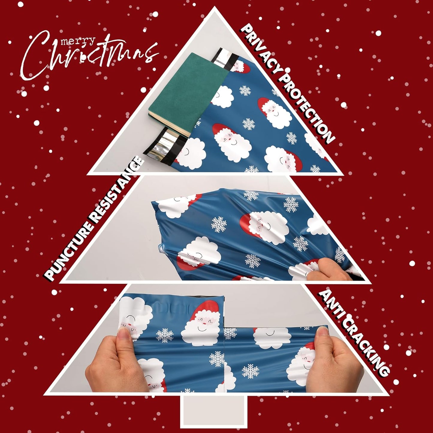 Christmas Poly Mailer 6x9 Inch 100 Pcs, Waterproof Shipping Bags for Clothing, Tear-Resistant Mailier Bags, Strong Mailing Bags with Self-Seal - Santa Claus and Snowflakes Printed