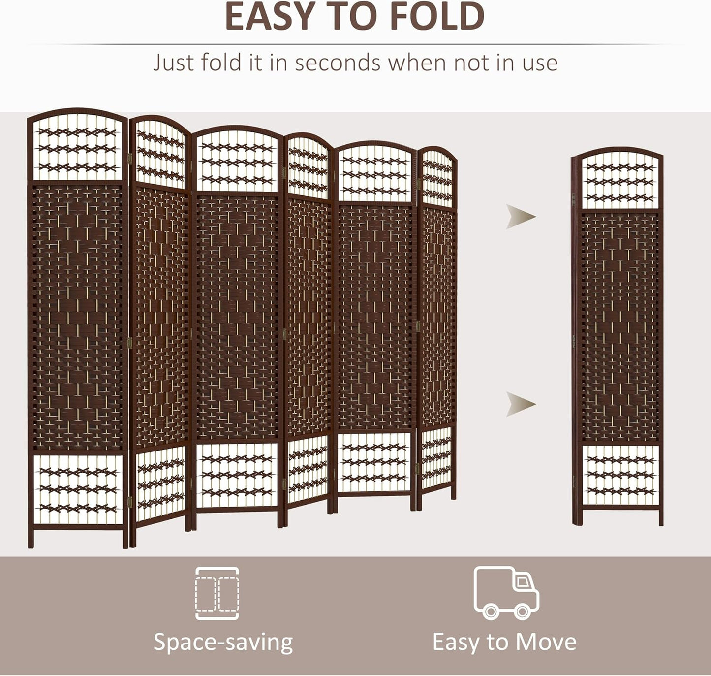 HOMCOM 6 Panel Room Divider, Folding Privacy Screen, 5.6' Room Separator, Wave Fiber Freestanding Partition Wall Divider, Brown