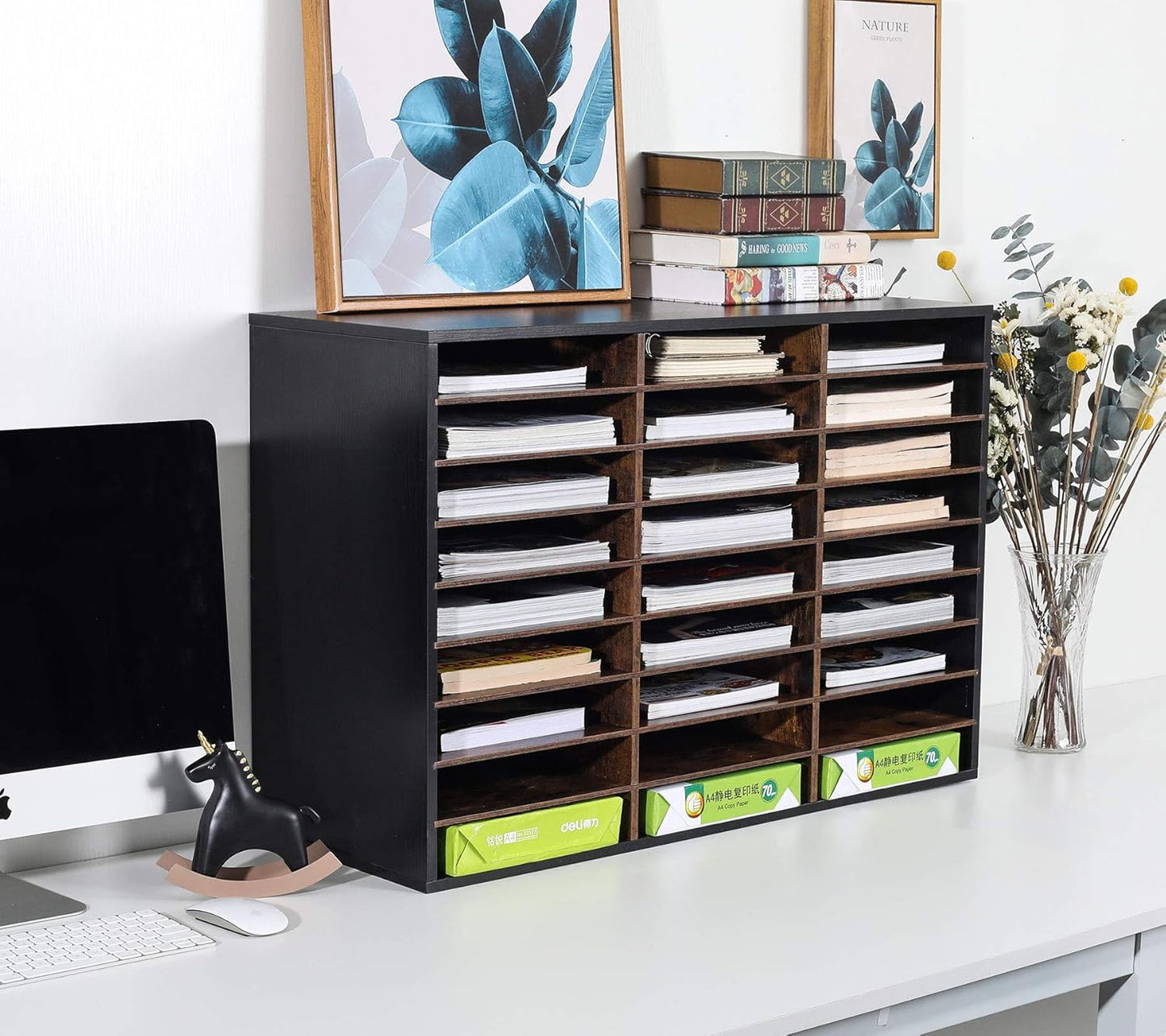 TQVAI Wood Adjustable Literature Organizer Desktop File Sorter Mail Center Paper Storage Cabinet Home & Office Mailbox School Classroom Keepers, 27 Slots Compartments, Black/Archaize
