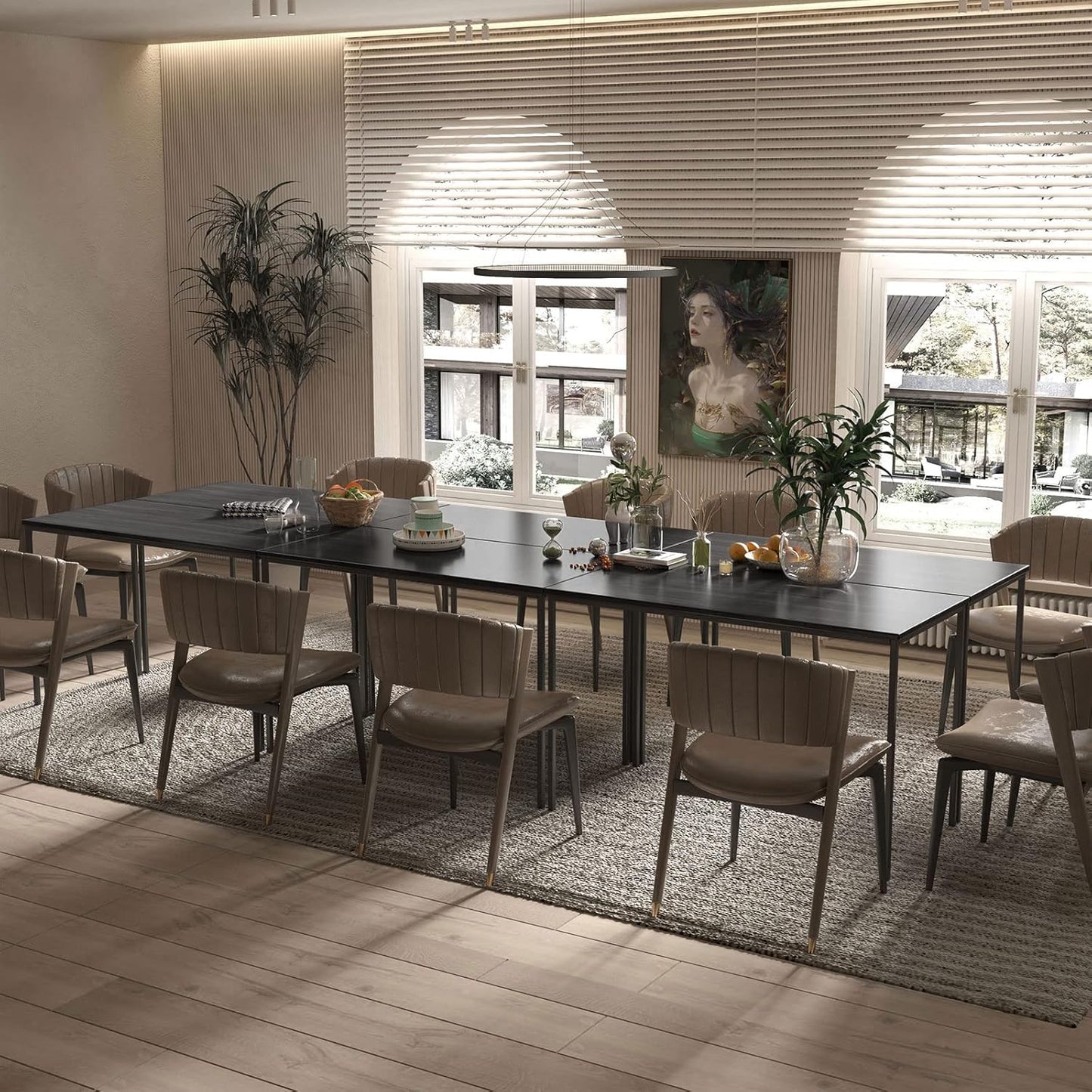 Bonzy Home Conference Tables 12ft Office Computer Desk for Meeting Room Study Writing Printer Table Save Space Design for 14 People Rustic Vintage Black 6PCS 141.6"x47.2"x29.5",Black