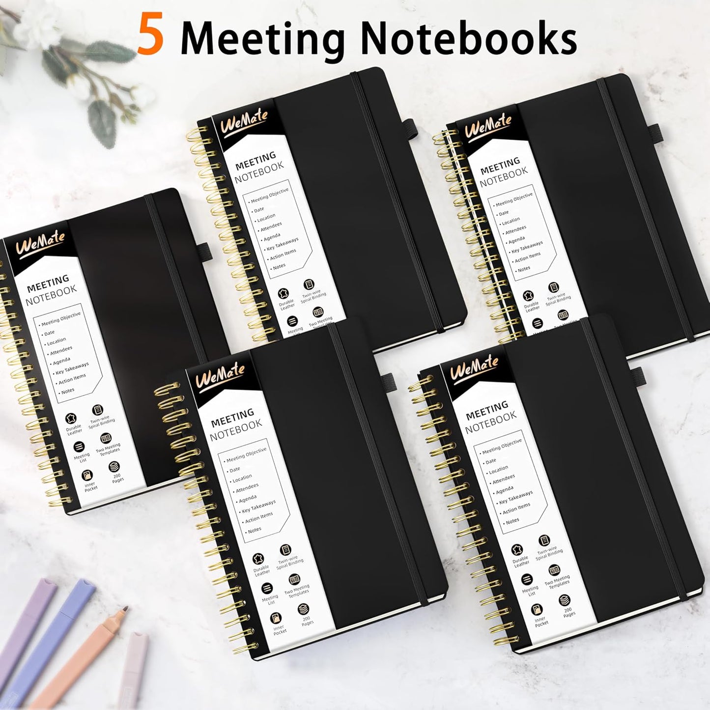WEMATE 5 Pack Meeting Notebooks for Work（7"x10"） 200 Pages, PU Leather Notebook with Action Items & Note, For Staff & Students, Meeting, Projects Planning - All Black Set