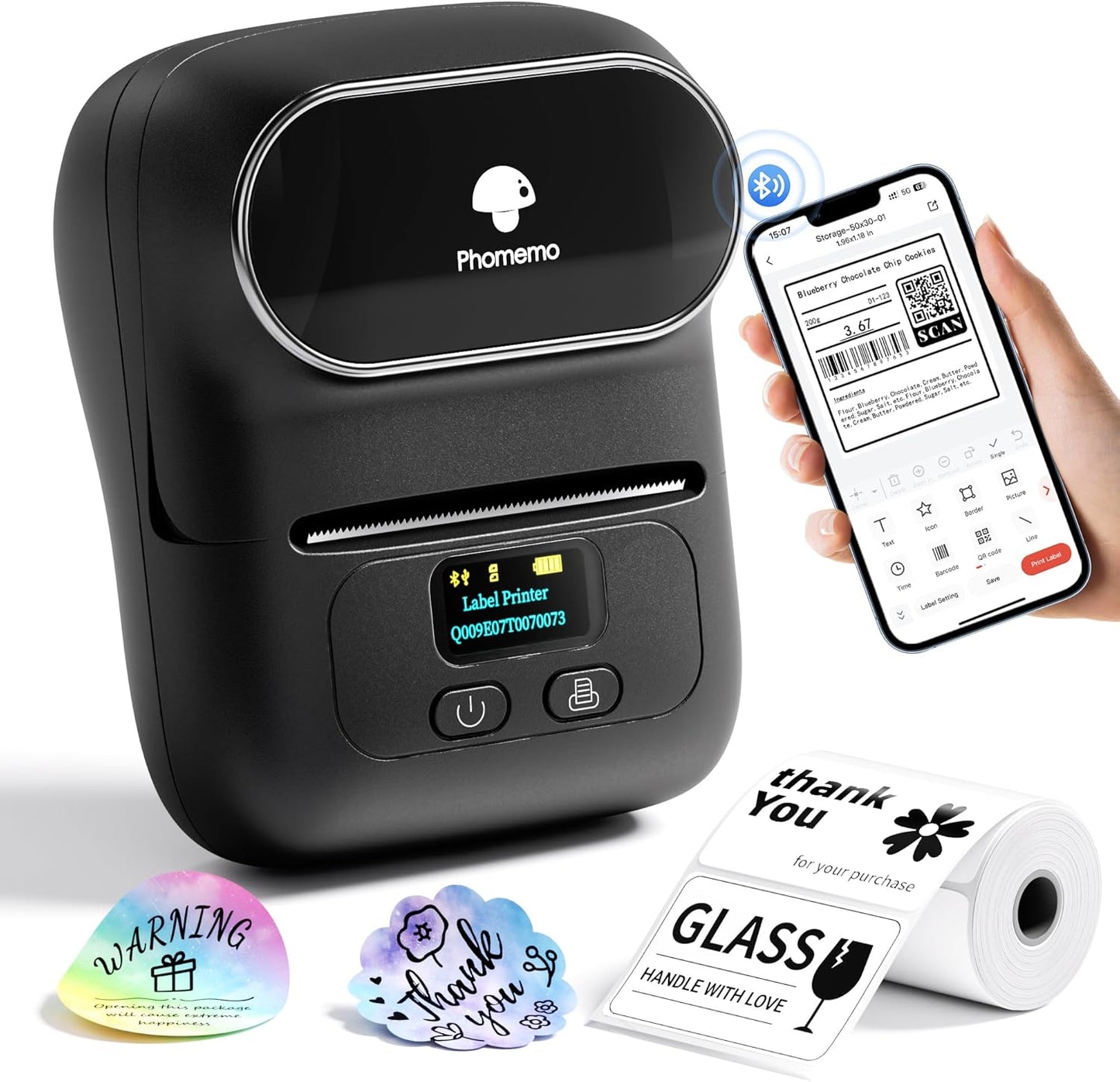 Phomemo M110 Label Makers - Barcode Label Printer Bluetooth Label Maker Portable Thermal Printer for Small Business, Address, Barcode, Logo, Clothing, Mailing, Sticker Printers for Phones & PC, Black