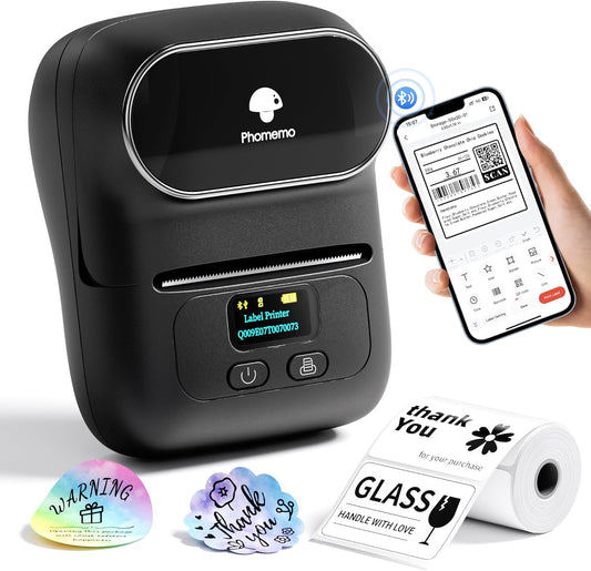 Phomemo M110 Label Makers - Barcode Label Printer Bluetooth Label Maker Portable Thermal Printer for Small Business, Address, Barcode, Logo, Clothing, Mailing, Sticker Printers for Phones & PC, Black