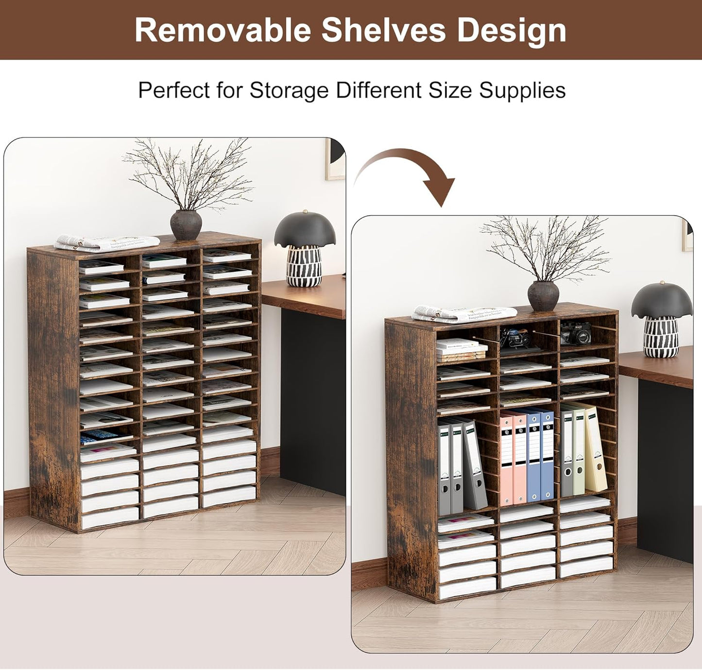 EasyPAG Mail Organizer Countertop, Wood Literature Organizer with Adjustable Shelves, Student Classroom Mailbox for School, Desktop Paper Sorter for Office Home, 48 Compartments, Archaize