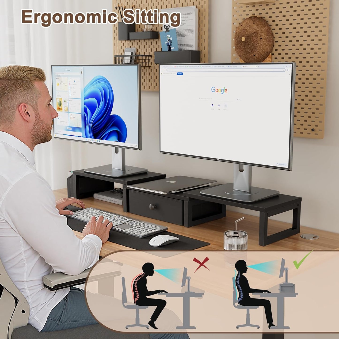 LAND·VOI Heavy Duty Dual Monitor Stand, Holds 2 Screens Up to 27 Inches, Adjustable Length and Angle Monitor Riser, Desk Organizer with Side Pockets and Drawers, Home Office Desk Storage, Black