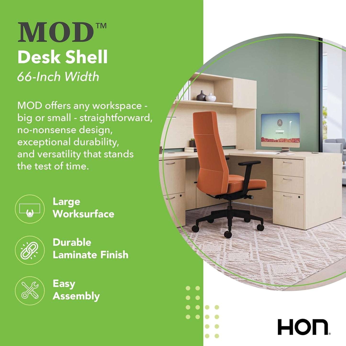 HON MOD Executive Desk 66-Inch Large Computer Desk Shell, Thick Wooden Laminate, Modern Table with Cord Management, 66" W x 30" D x 29" H, Desert Oak