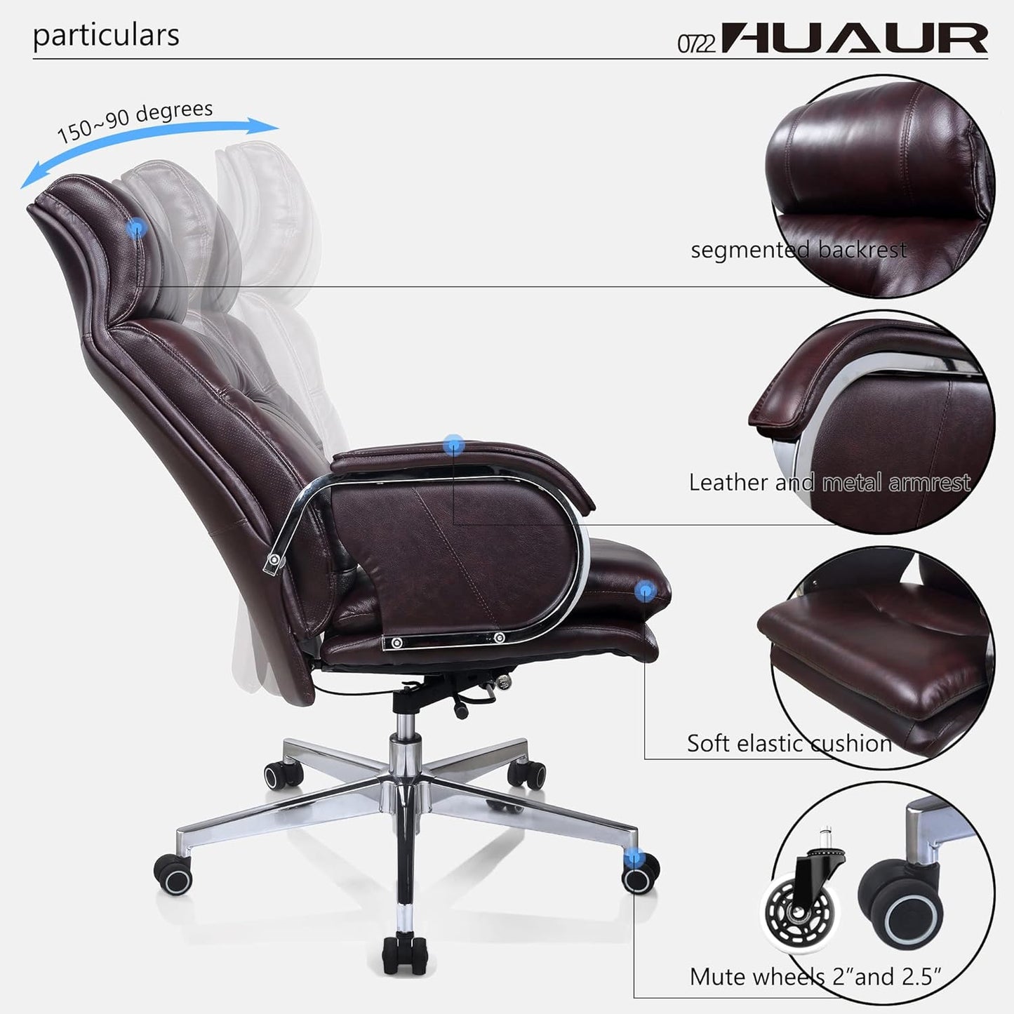 Genuine Leather Modern Executive Chair High-Back Support 90 to 150 Degrees Tilt and Upholstered Home Desk Chair with Base 360LB Capacity Swivel Computer Office Chair (Brown)