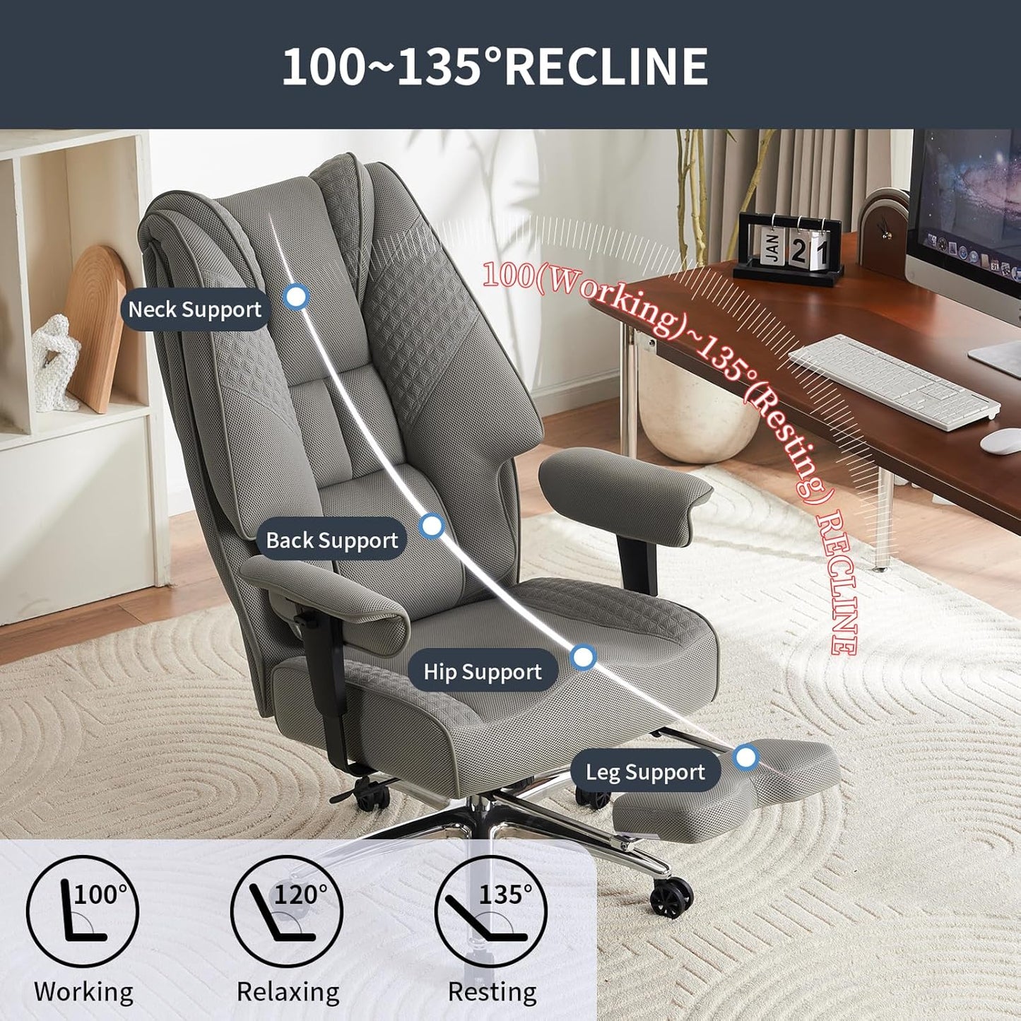 Big and Tall Office Chair 400lbs Wide Seat, Leather High Back Executive Office Chair with Foot Rest, Ergonomic Chairs Lumbar Support for Lower Back Pain Relief (Mesh Light Grey)