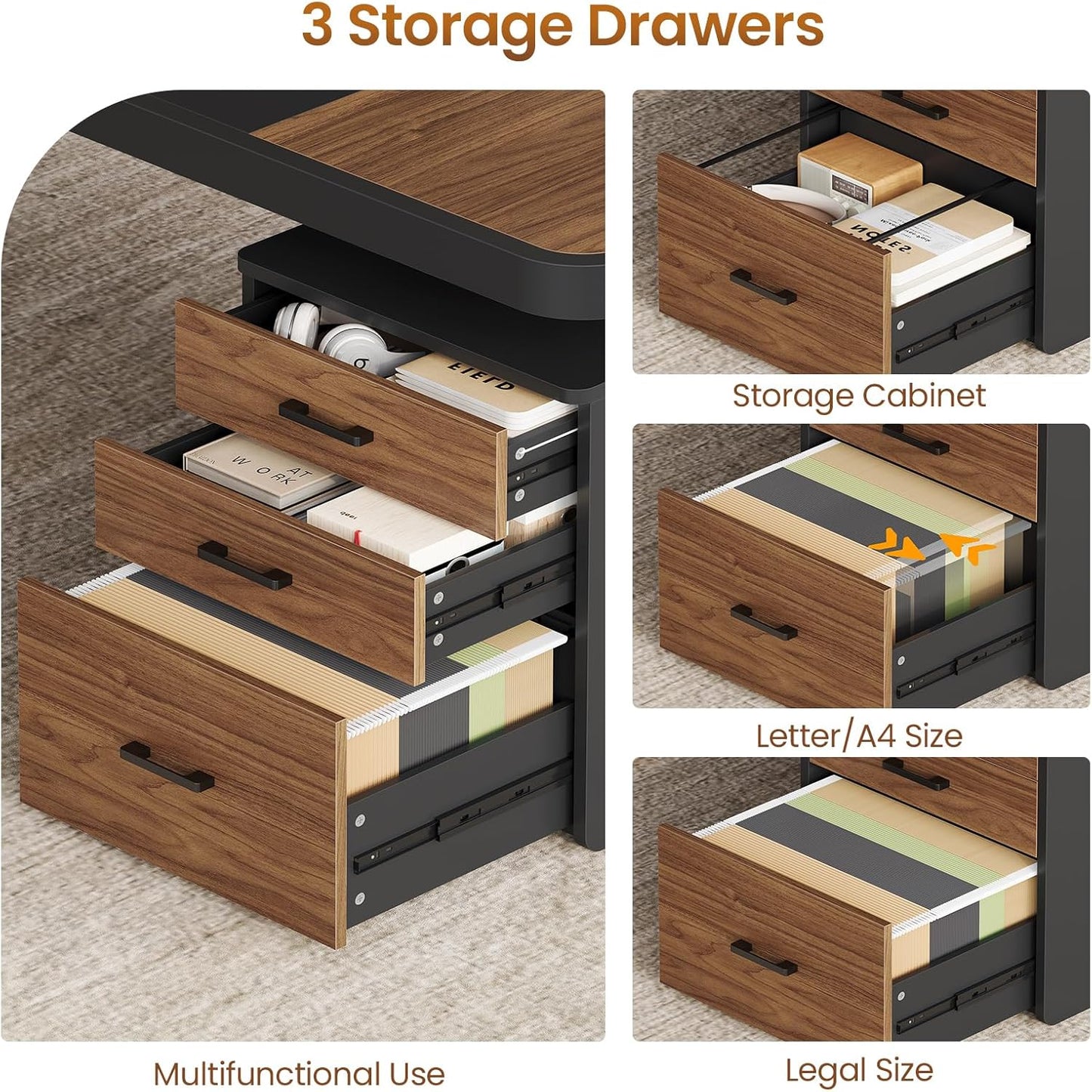 Itaar 70.9" Executive Desk, Large Computer Desk with Drawers and Lateral File Cabinet, Office Desk with Removable Shelves, Business Furniture Desk Workstation for Home Office, Walnut