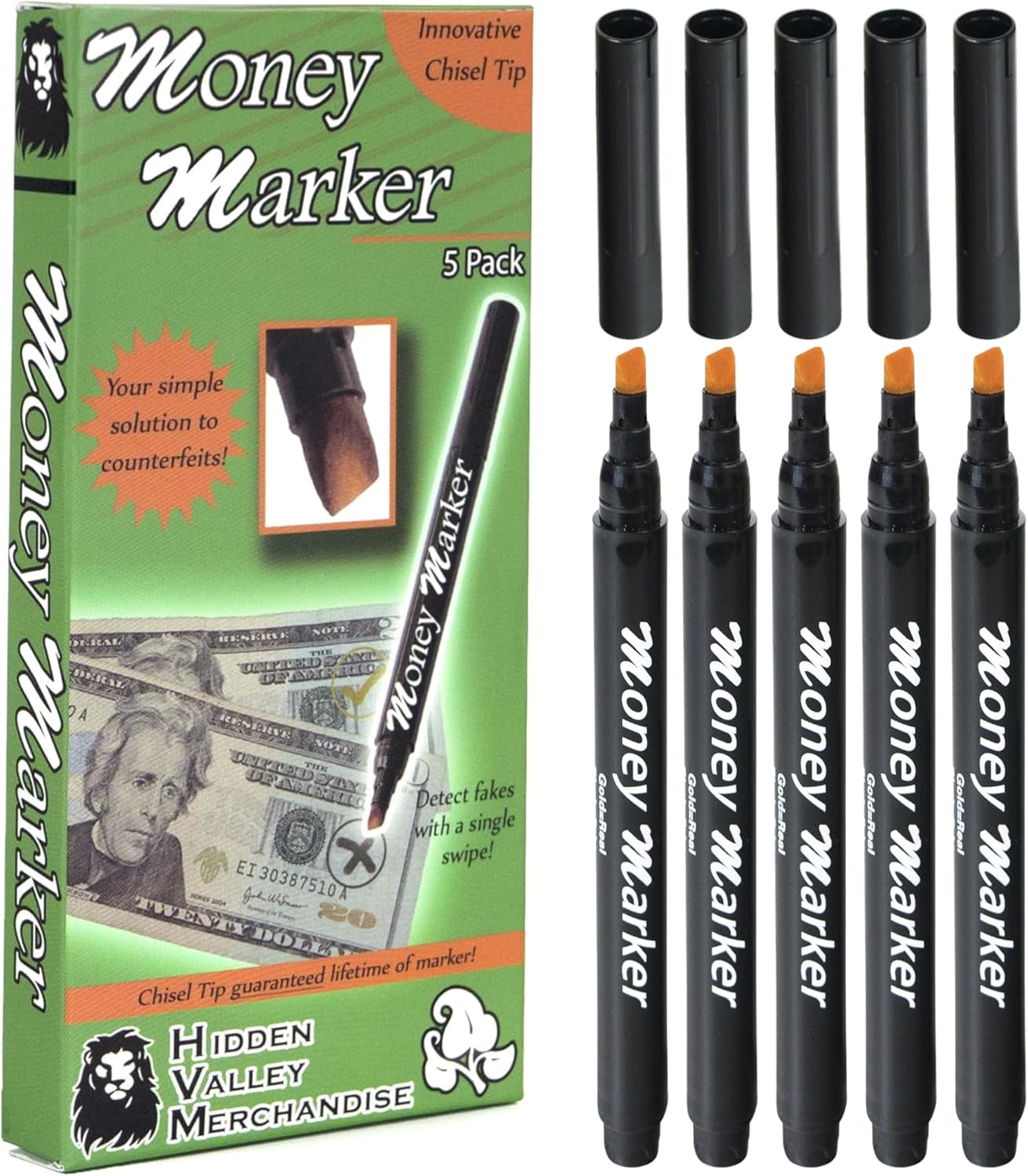 HVM Counterfeit Money Detector Pen (5 Counterfeit Pens) - Money Marker Bill Detector Pen with Upgraded Chisel Tip - Detect Fake Bills, Universal False Currency Checker Pack