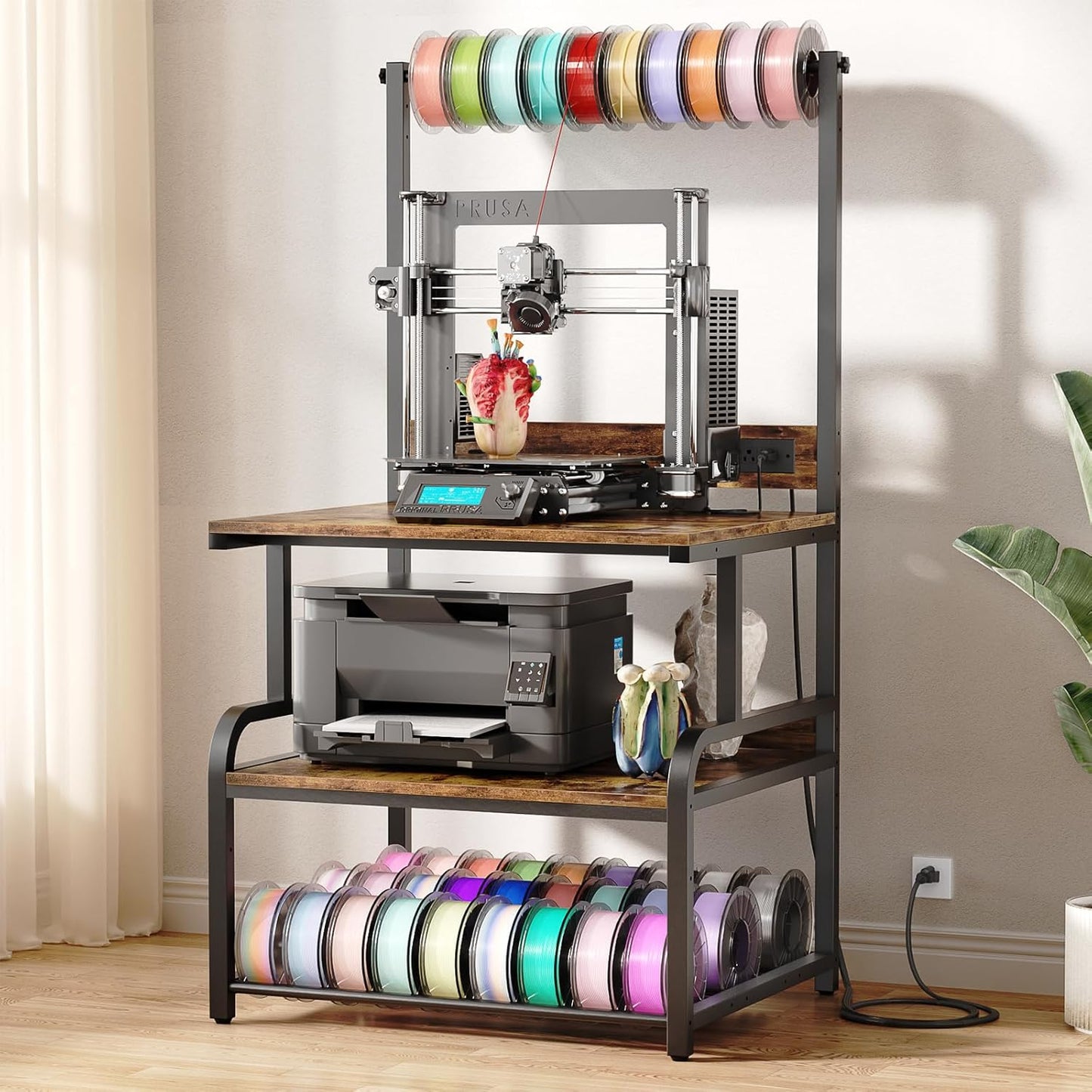 Homieasy Printer Stand with Charging Station, 29.1" x 22.8" Large 3D Printer Table with Filament Storage, Heavy Duty Rolling Printer Cart with 4-Tier Storage for Workshop/Office/Garage, Rustic Brown