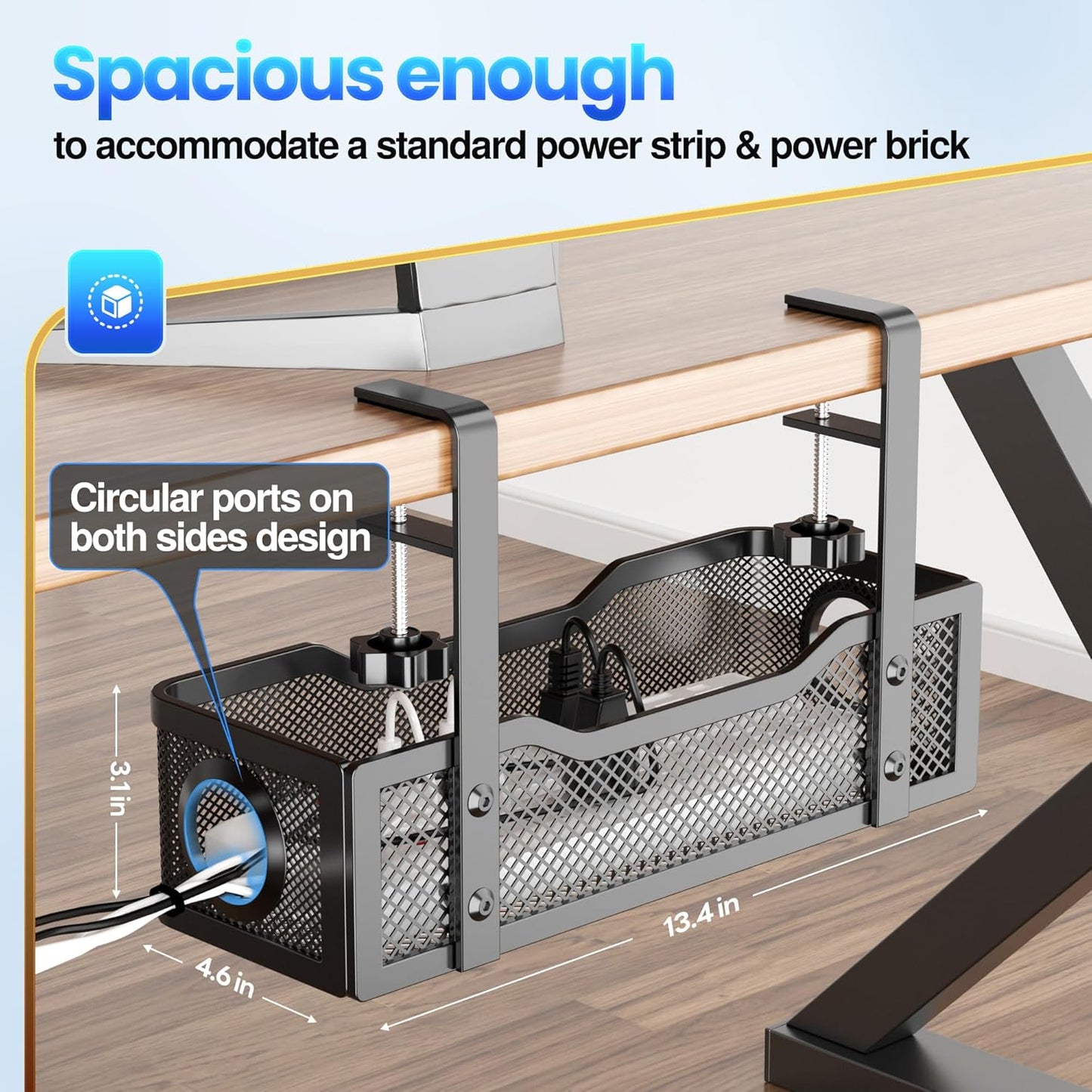 Cable Management Under Desk Tray, No Drill Cable Management Box With Clamp for Wire Organization, Cord Organizer for Office, Home - No Damage to Desk (Black)