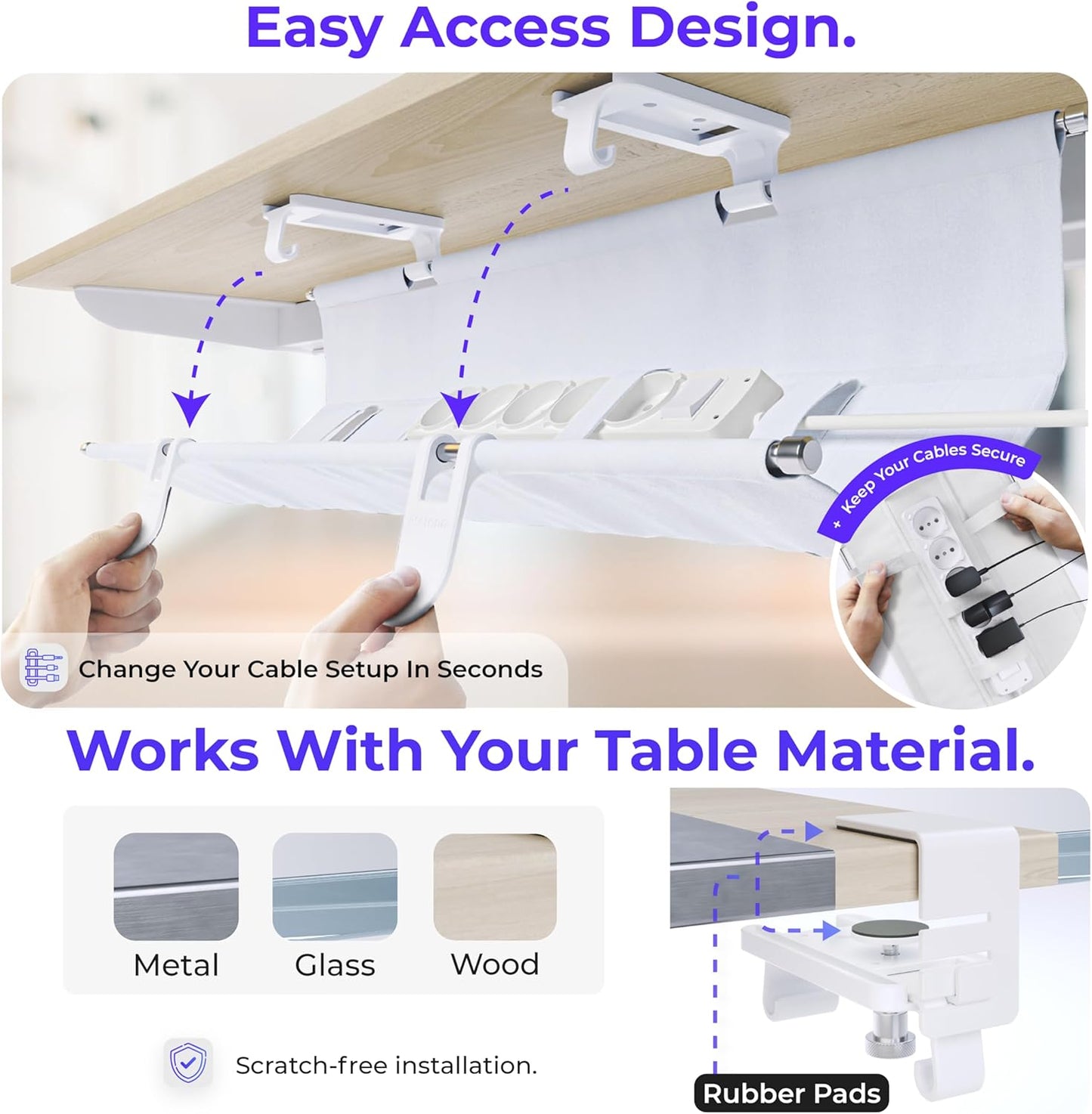Original No Drill Under Desk Cable Management Tray 14.1" - Premium White Fabric Cable Management Under Desk - Clamp/Screw Mount Cord Organizer - Supports Upto 66lbs
