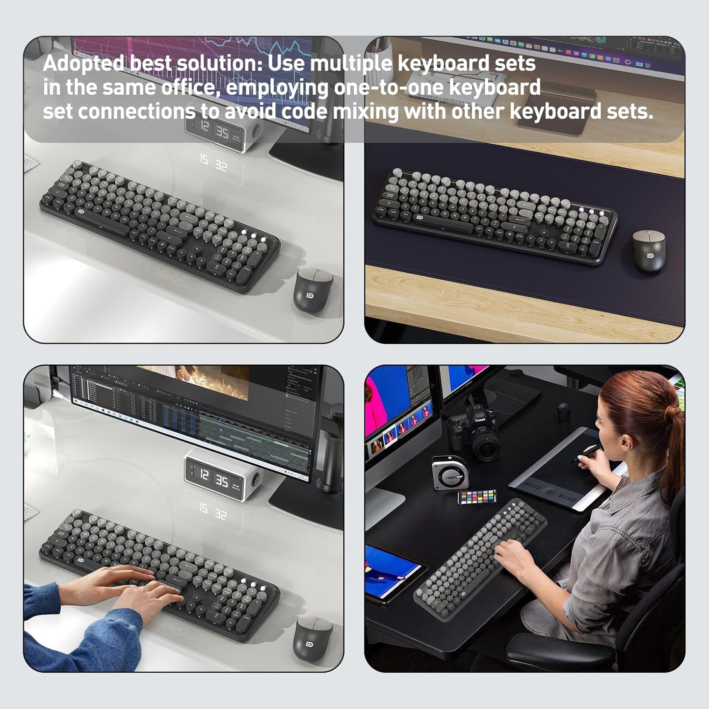 Wireless Keyboard and Mouse Combo, 104 Round Keys Cute Colorful Cordless Keyboard and Mouse with Retro Typewriter Black