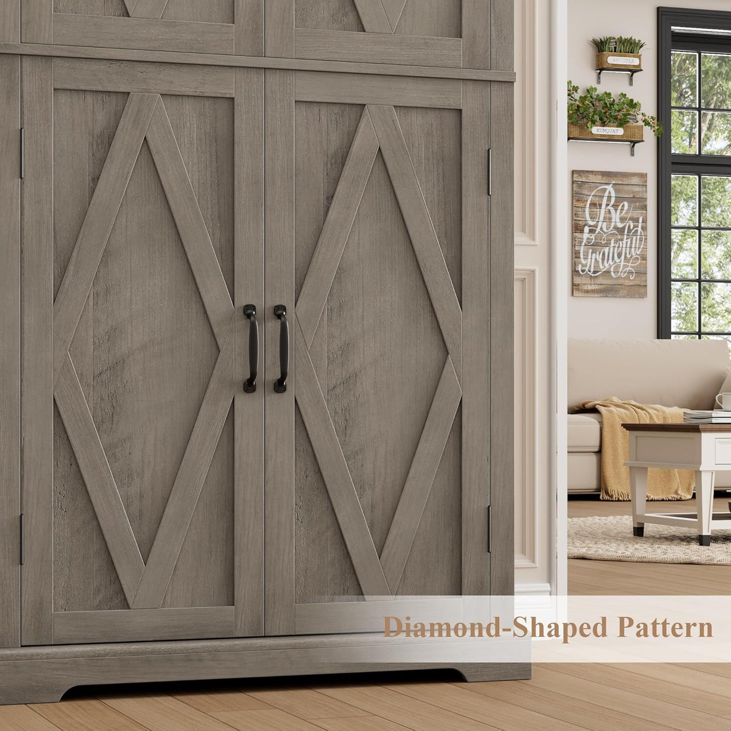 HOSTACK 64" Tall Pantry Cabinet, Modern Farmhouse Kitchen Pantry, Wood Bathroom Storage Cabinet, Large Bookcase, 4 Doors|Adjustable Shelves, for Dining Room, Living Room, Home Office, Ash Grey