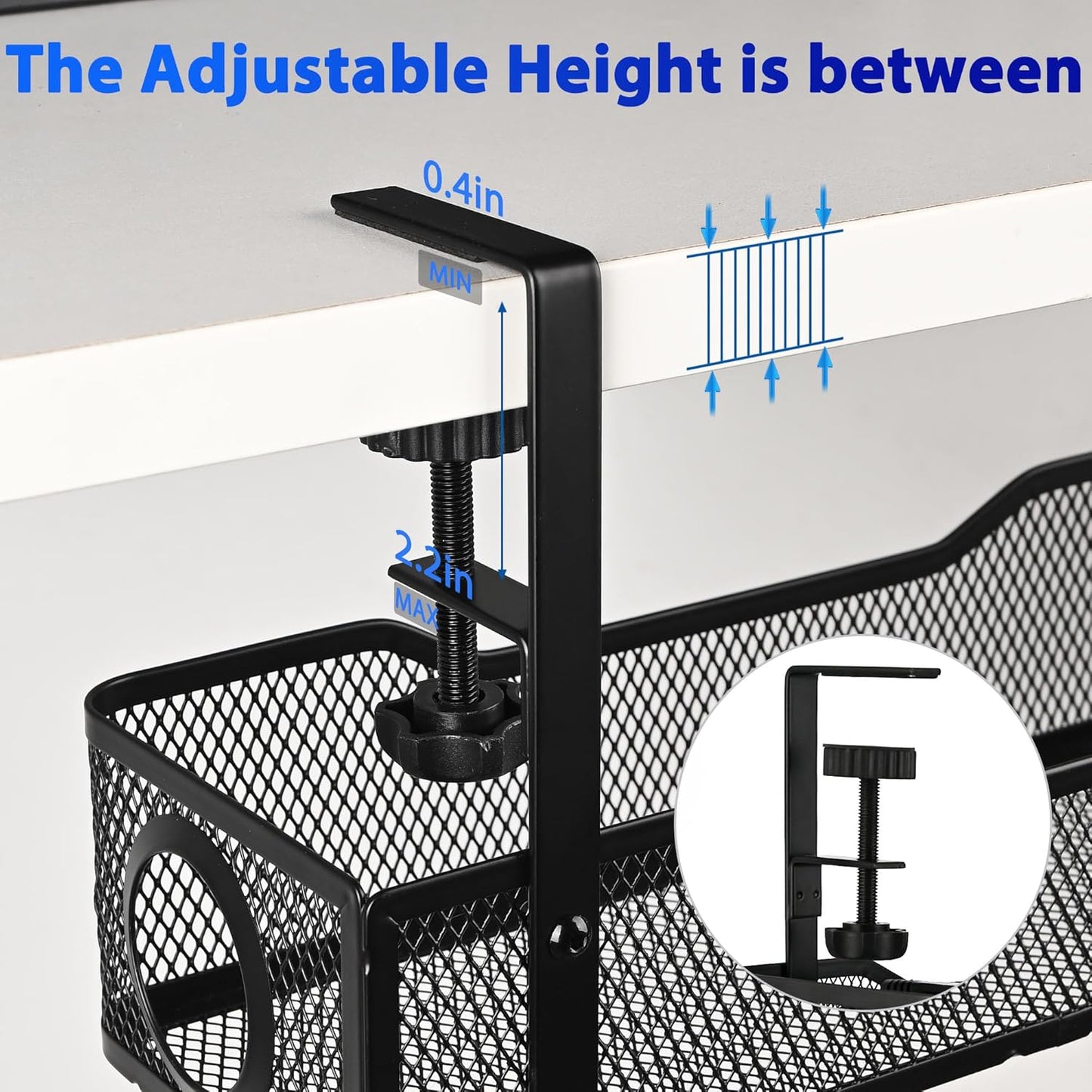 No Drill Under Desk Cable Management Tray – Clamp-On Metal Cable Organizer for Power Cords – Easy Install Wire Holder for Home Office Desk (Black)