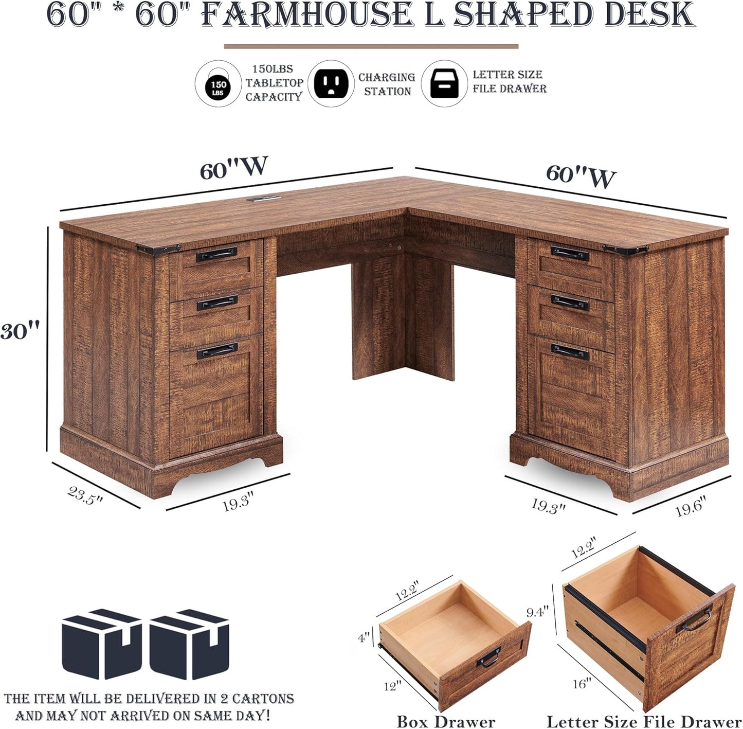 RedLemon 60" Farmhouse L Shaped Executive Desk with Drawers, Wood Home Office Corner Desk with Charging Station, File Drawer, Storage Cabinet, Rustic Computer Writing Desk (Reclaimed Barnwood)