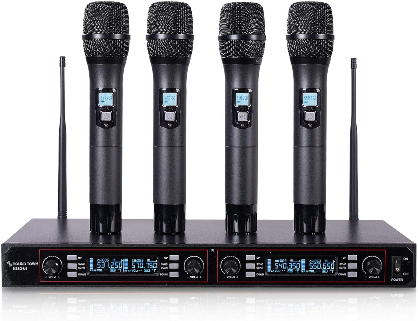 Sound Town 200-Channel Rack Mountable Professional Adjustable UHF Wireless Microphone System with Metal Receiver and 4 Handheld Mics (NESO-U4HH)