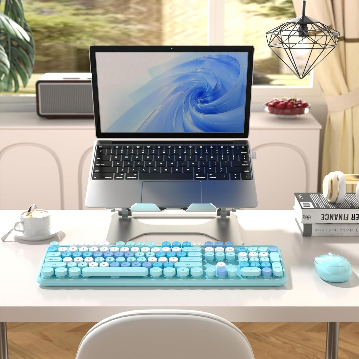 Colorful Wireless Computer Keyboard and Mouse Combo with Round Typewriter Keycaps, Retro Design, Power Switch, Ergonomic Design, 2.4GHz Wireless for Windows, Mac, PC (Blue-Colorful)