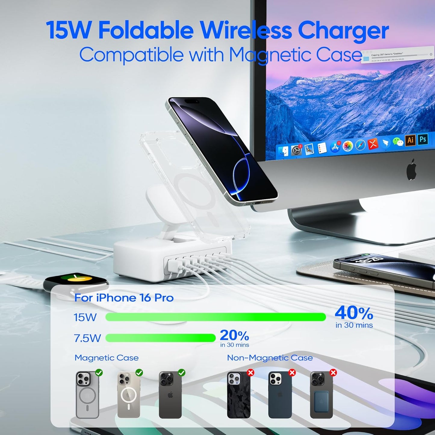 115W USB Charging Station Power Strip, 11-in-1 USB C Charger Block, 2AC Outlets with 8USB Ports(4USB-C), 5FT Flat Plug Extension Cord, Fast Charging Desktop Charger for Home Office Dorm Room, White