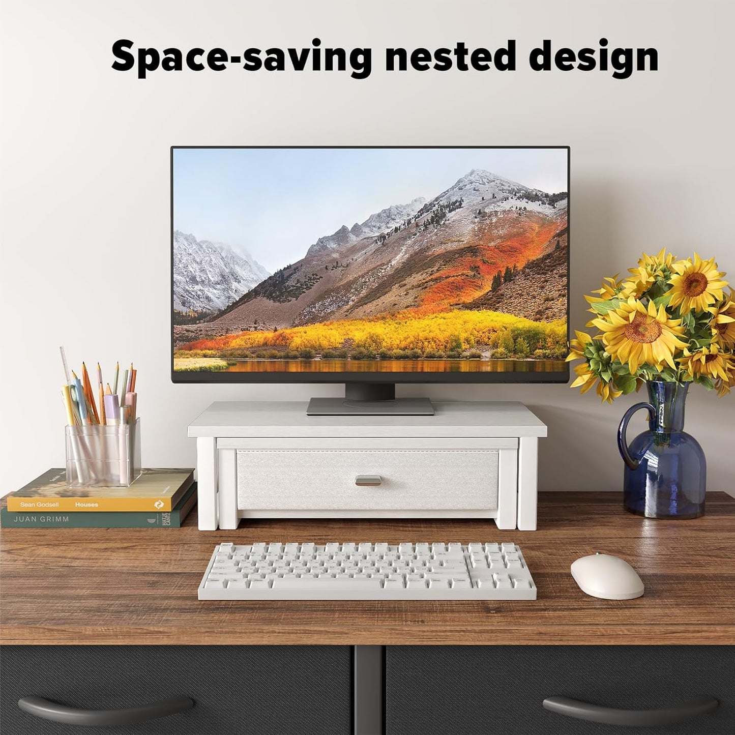 WOHOMO Dual Monitor Stand Riser with Drawers, Desk Organizers for 2 Monitors, Desktop Storage Stand for Computer,Laptop,White