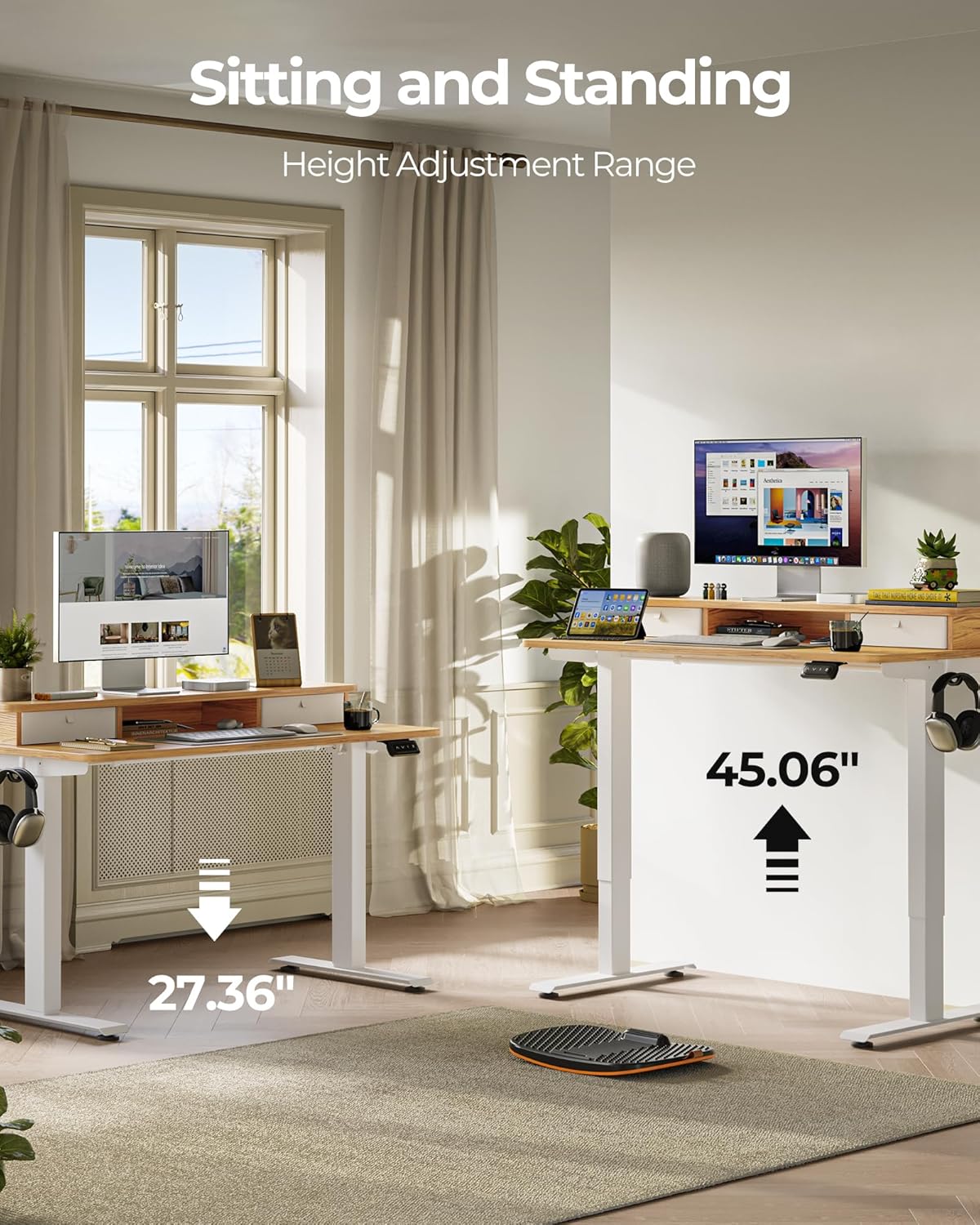 FEZIBO 60 x 24 Inch Height Adjustable Electric Standing Desk with Double Drawer, Computer Desk, Home Office Stand Up Table with 4 Height-Adjustable Feets & 2 Hooks, Light Rustic