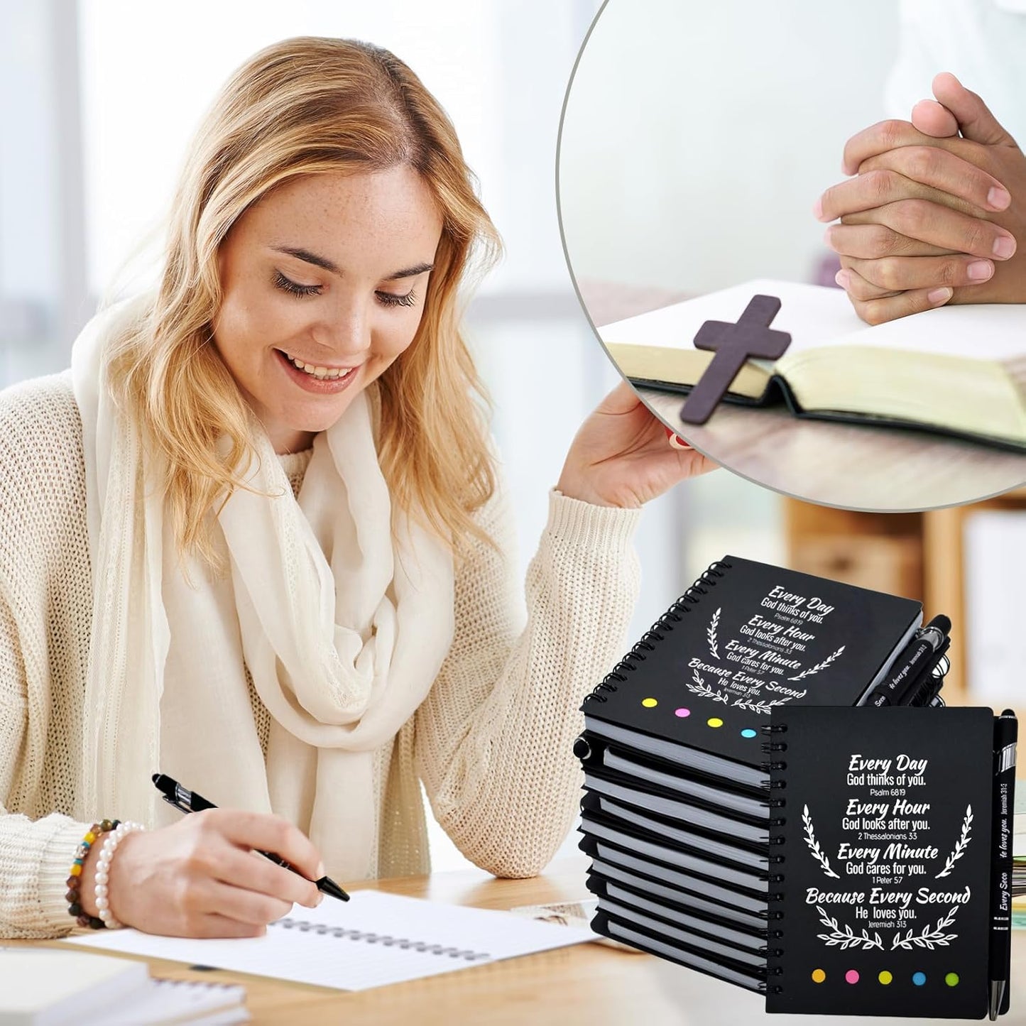 100 Pcs Bulk Christian Gifts Prayer Journal for Woman - 50 Set Religious Notepad with Christian Pen - Bible Notebook - Church Gifts for Inspirational, Bible Study, Devotions (Black)