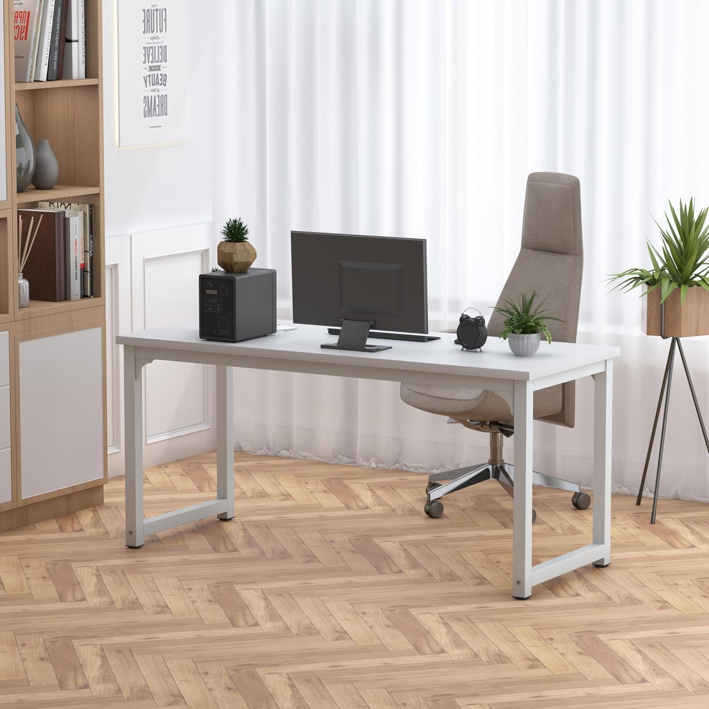 NSdirect Large Office Desk for Home Office, Large 63” Computer Desk Table, Wide Writing Study Desk for 2 Person, Metal Sturdy Frame Thicker Steel Legs,Warm White