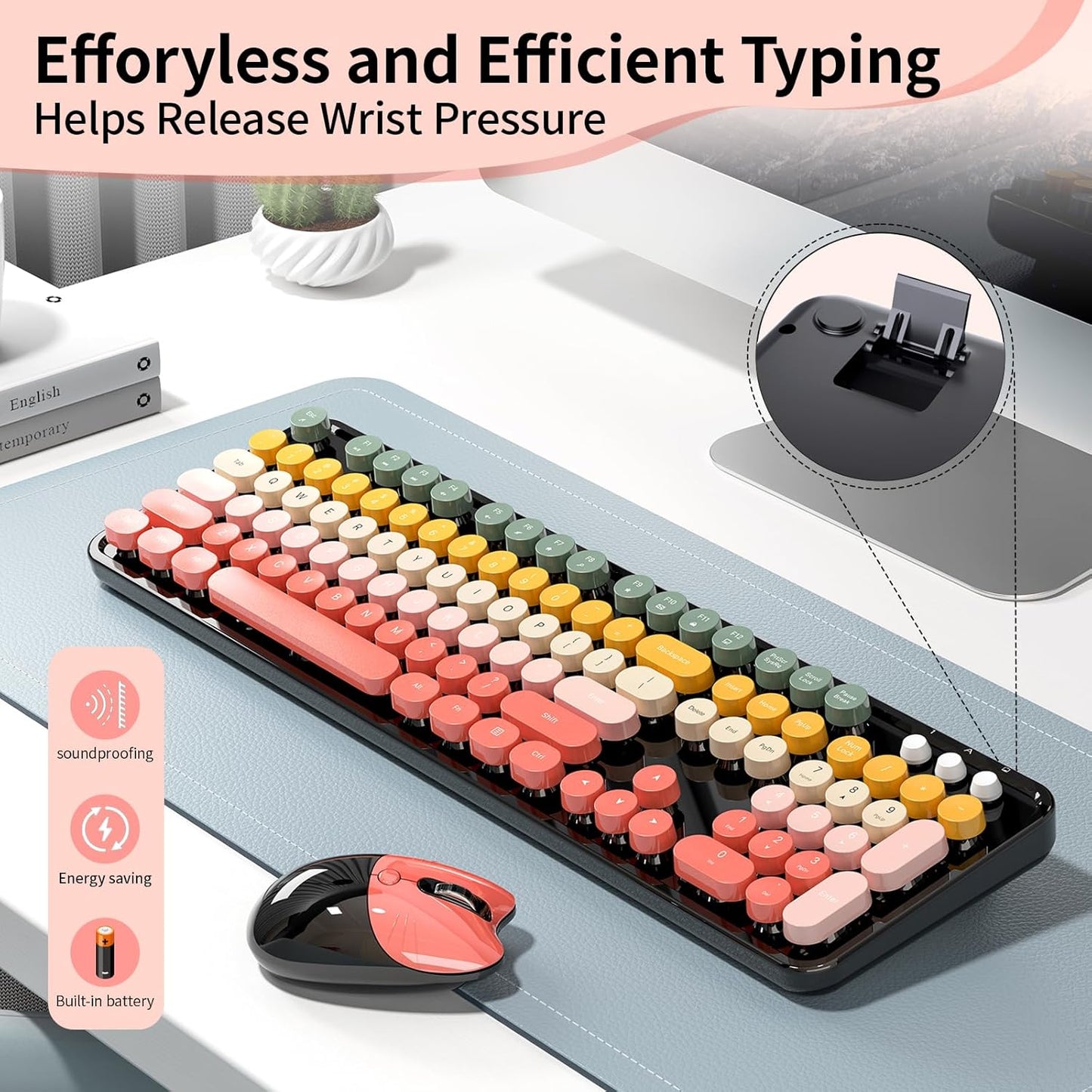 Wireless Keyboard and Mouse, MOFII 104 Round Keycaps Retro Typewriter with OTG & Brush, Full-Size Ergonomic, Ideal for Windows PC, Home, Office and College Rainbow Red