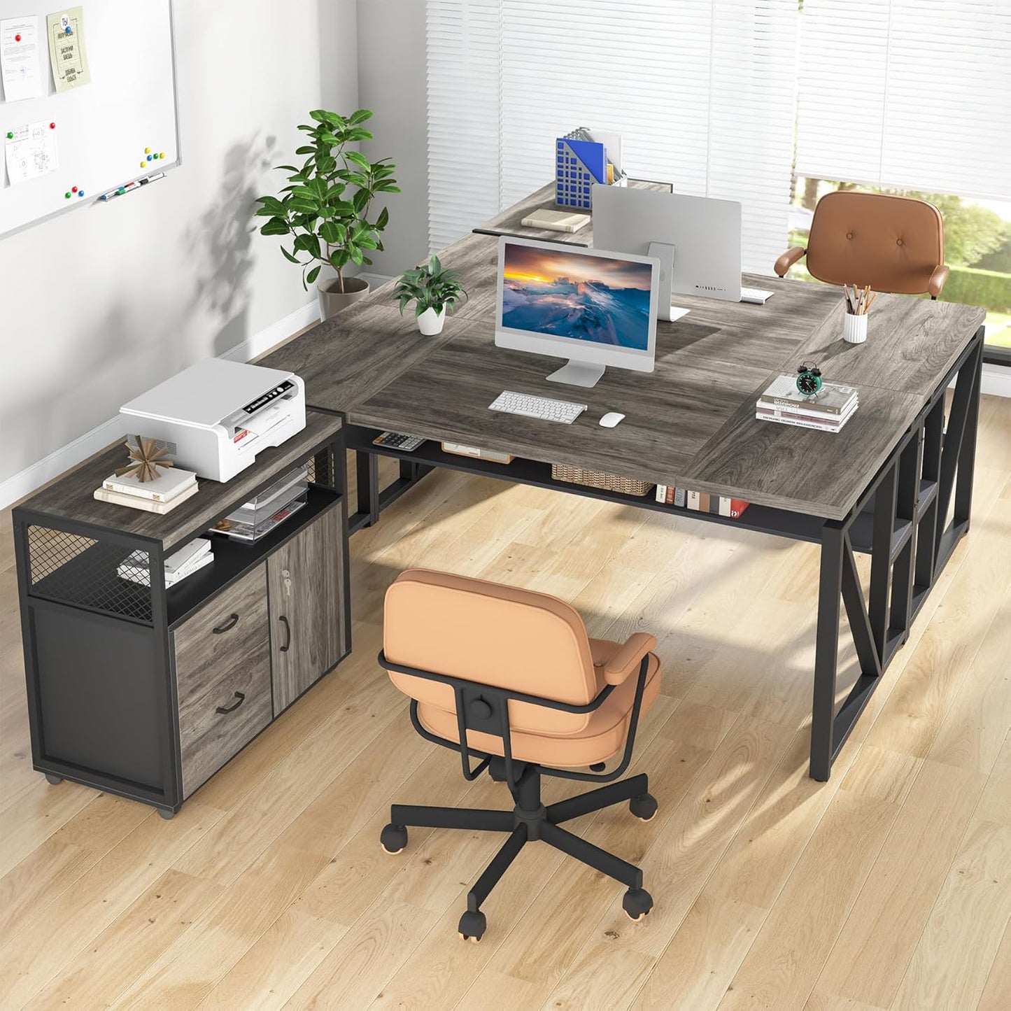 Tribesigns Office Desk with Drawers Sets, 55 inches L Shaped Computer Desk with Mobile File Cabinet,Big Executive Desk for Home Office Furniture Sets (Dark Oak, 55-inch)