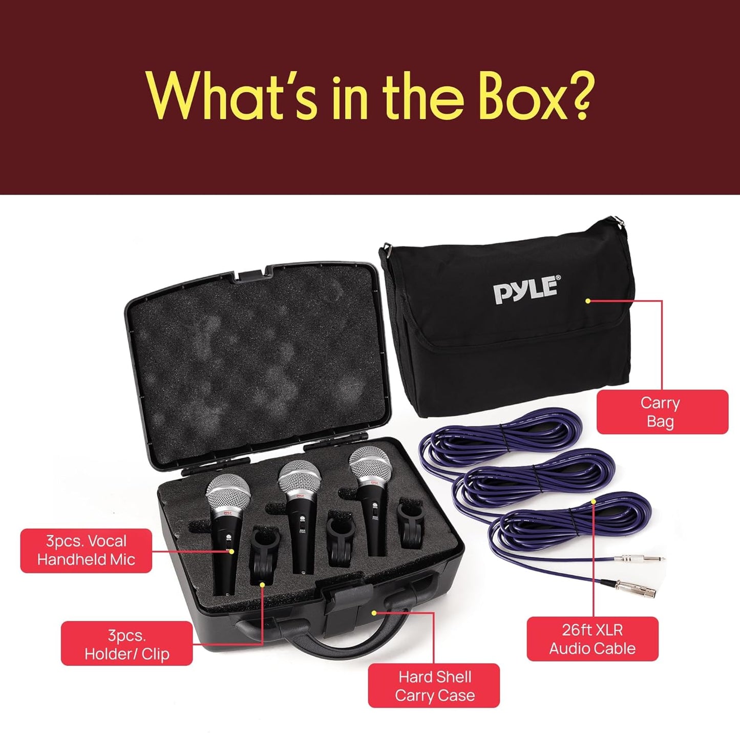 Pyle 3 Piece Professional Dynamic Microphone Kit Cardioid Unidirectional Vocal Handheld MIC with Hard Carry Case & Bag, Holder/Clip & 26ft XLR Audio Cable to 1/4'' Audio Connection (PDMICKT34),Black