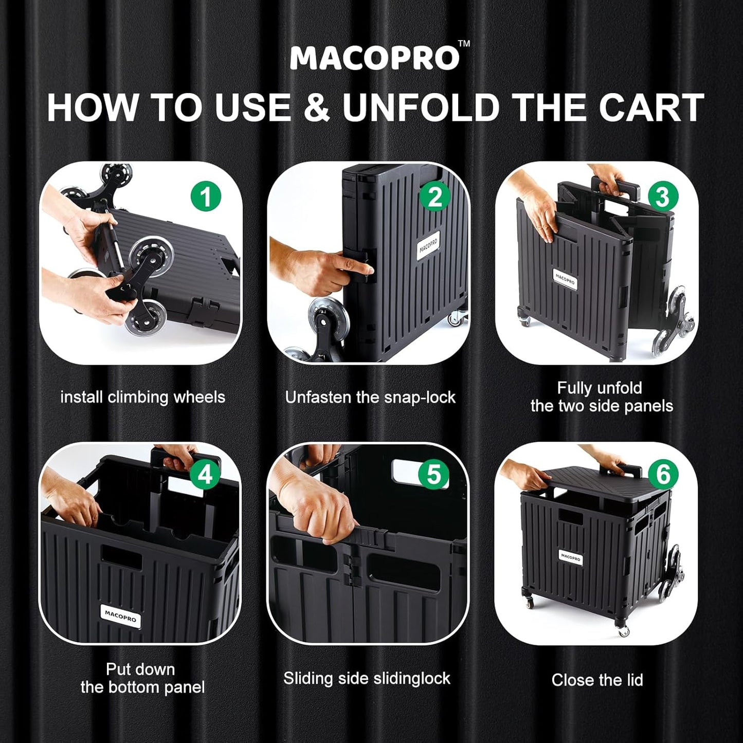 Foldable Utility Cart with Stair Climbing Wheels, Collapsible Rolling Crate with Telescoping Handle, Folding Shopping Trolley Handcart Grocery Book File Tool Teacher Storage Basket (Black)