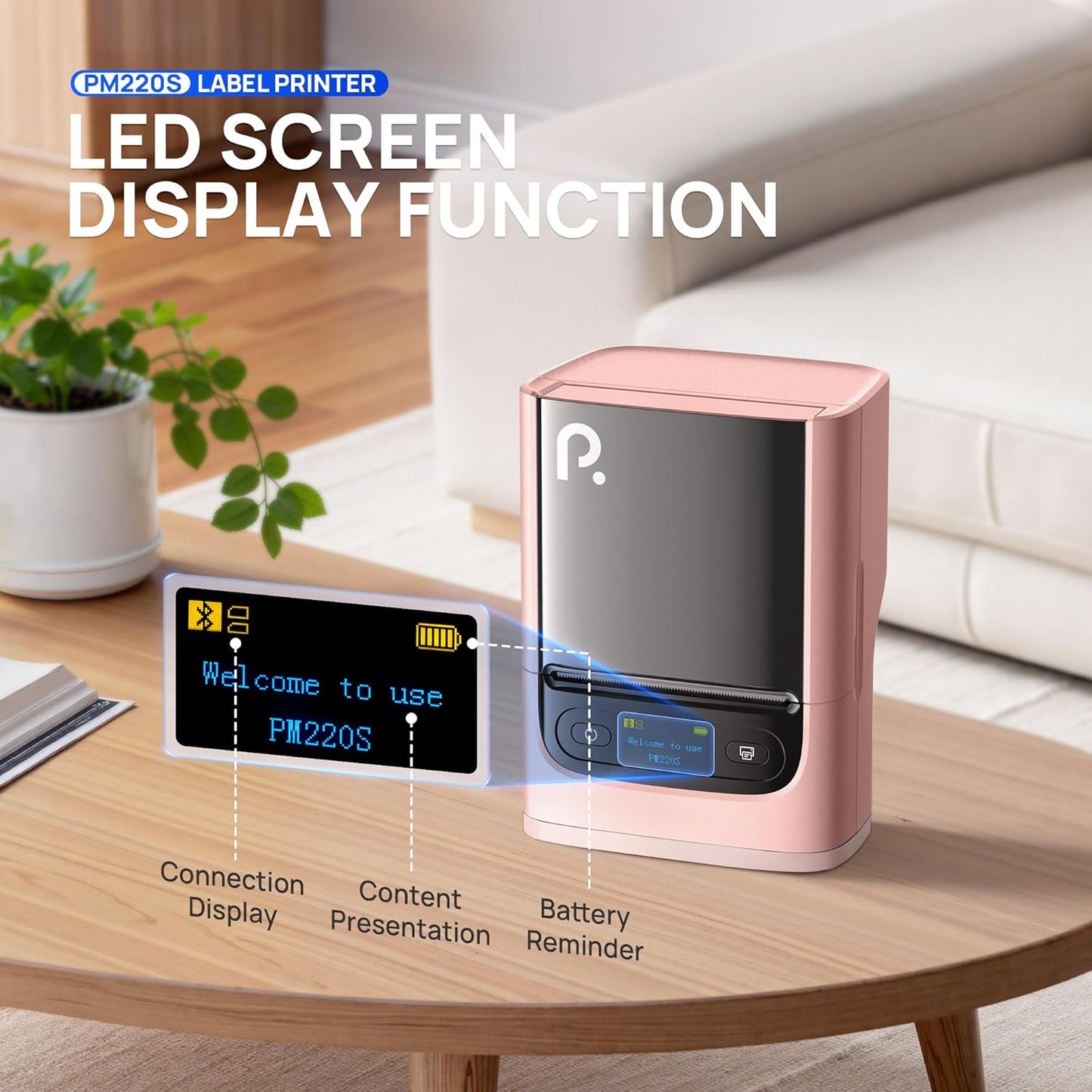 POLONO PM220S Label Maker Machine with Tape, 2 Inch Bluetooth Thermal Label Printer, Portable Sticker Printer for School, Office, Home, Business, Label Maker with 2'' x1.18'' Labels, Pink