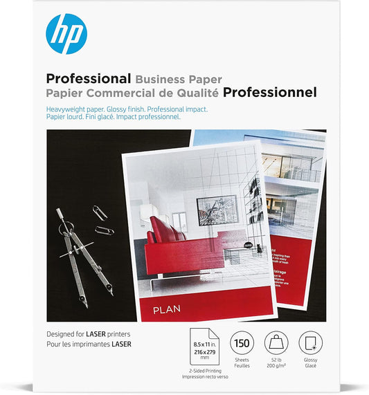 HP Professional Business Paper, Glossy, 8.5x11 in, 52 lb, 150 sheets, works with laser printers (4WN10A),White
