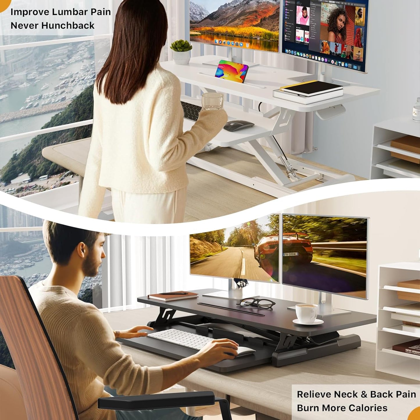 JOY worker Standing Desk Converter, 35" Wide Height Adjustable Sit Stand Up Desk Riser with Keyboard Tray, Desktop Workstation Riser for Home Office Computer Laptop, Particle Board, White