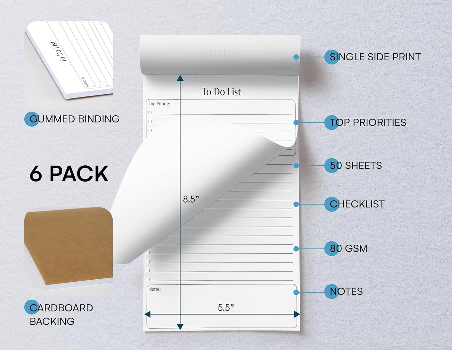 Better Office Products Mini To Do List Notepads, 5.5" x 8.5", Planning Note Pads, 50 Sheets, Daily Agenda Productivity Checklist Organizer, 300 Total Sheets (6 Pack)