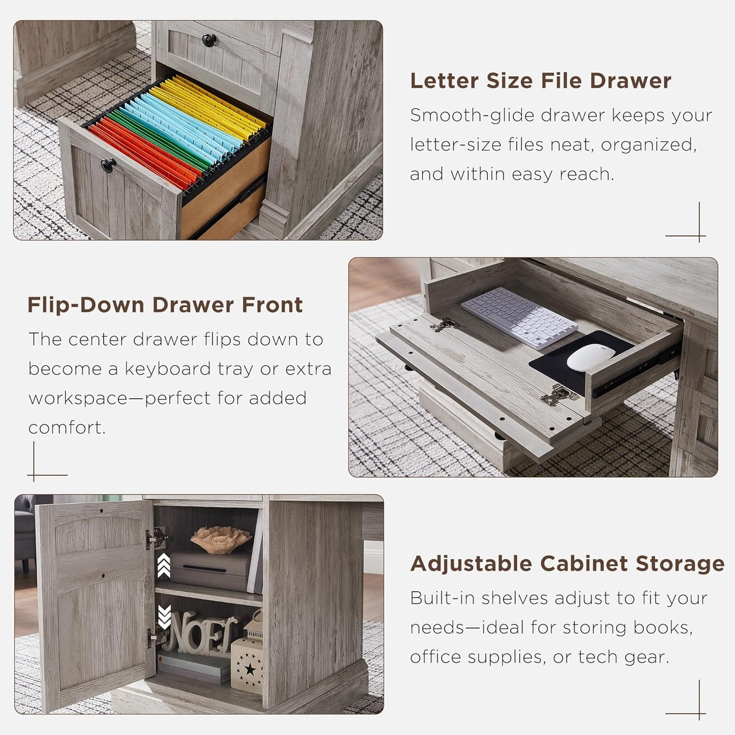 OKD 60" Executive Desk with Drawers, Farmhouse Home Office Desk with Charging Station, Keyboard Tray, File Cabinet Storage, Wood Computer Desk for Work and Study, Antique Brushed White