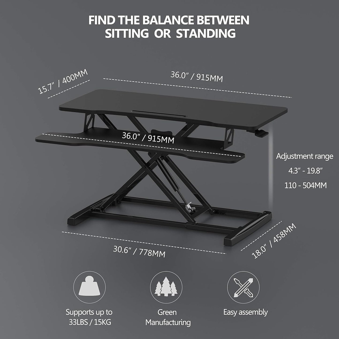 FITUEYES Height Adjustable Standing Desk 36” Wide Sit to Stand Converter Stand Up Desk Tabletop Workstation for Dual Monitor Riser FSD309101WB