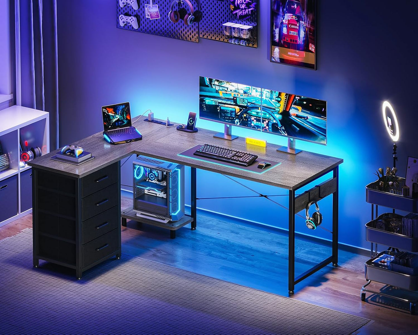 Casaottima L Shaped Desk with 4 Tier Drawers, 53" Gaming Desk with Power Outlets & USB, Reversible L-shaped Computer Desk with CPU Stand, Home Office Corner Table with Storage, Easy Assemble, Grey Oak