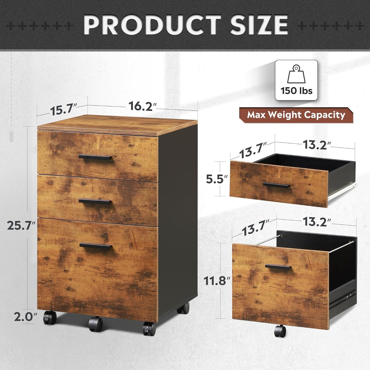 DEVAISE 3 Drawer Wood Mobile File Cabinet, Rolling Filing Cabinet for Letter/A4 Size, Rustic Brown