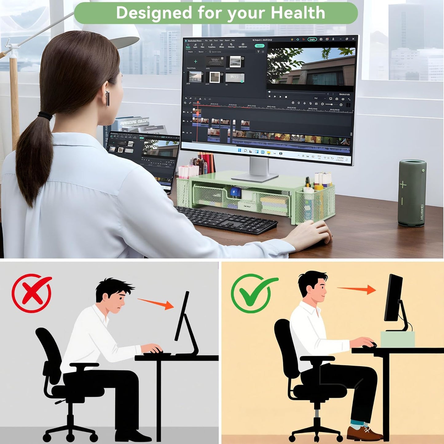 Computer Monitor Stand Riser with Drawer and Pen Holders, Desk Organizer Shelf and Accessories, Office Desk Accessories, Office Organization, Green