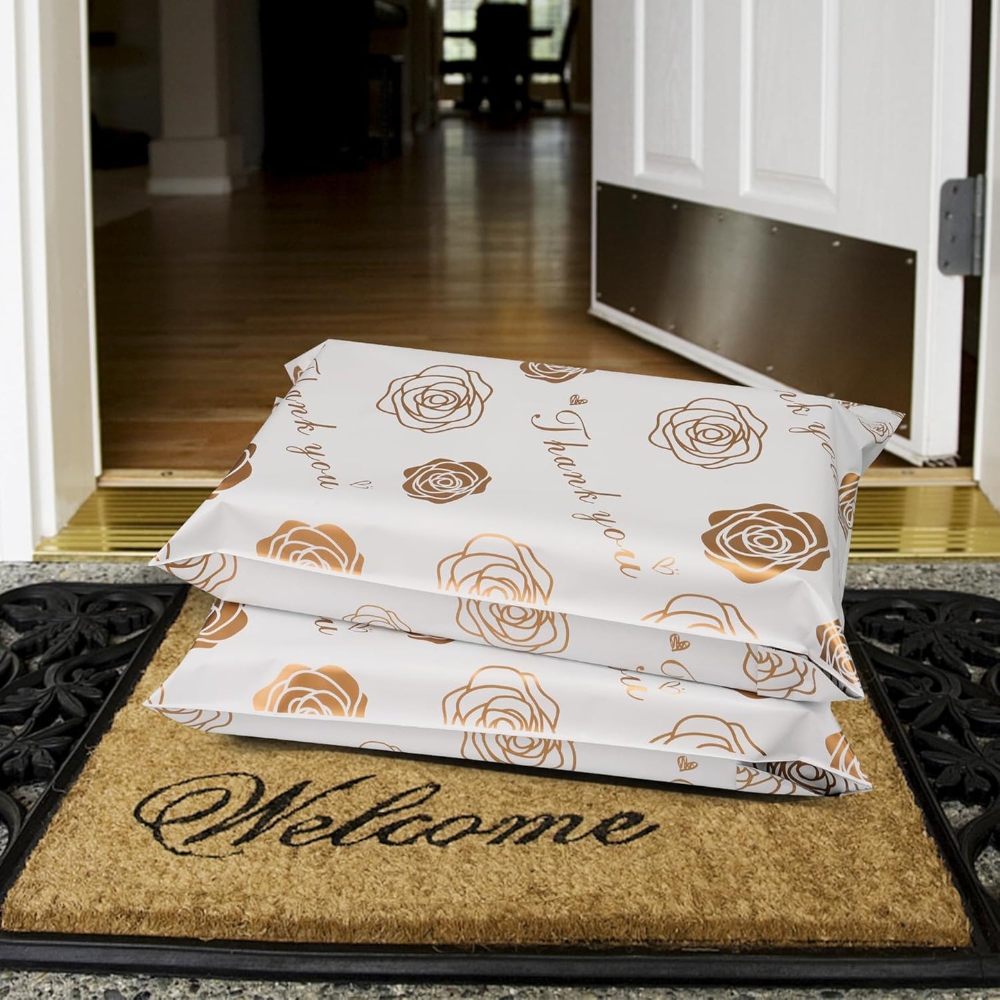 Thank You Poly Mailers 6x9 Inch 100 Pcs - Gold Rose Printed Shipping Bags for Clothing - Waterproof and Tear Resistant Mailing Envelopes - Self-Sealing Packaging Bags for Small Business