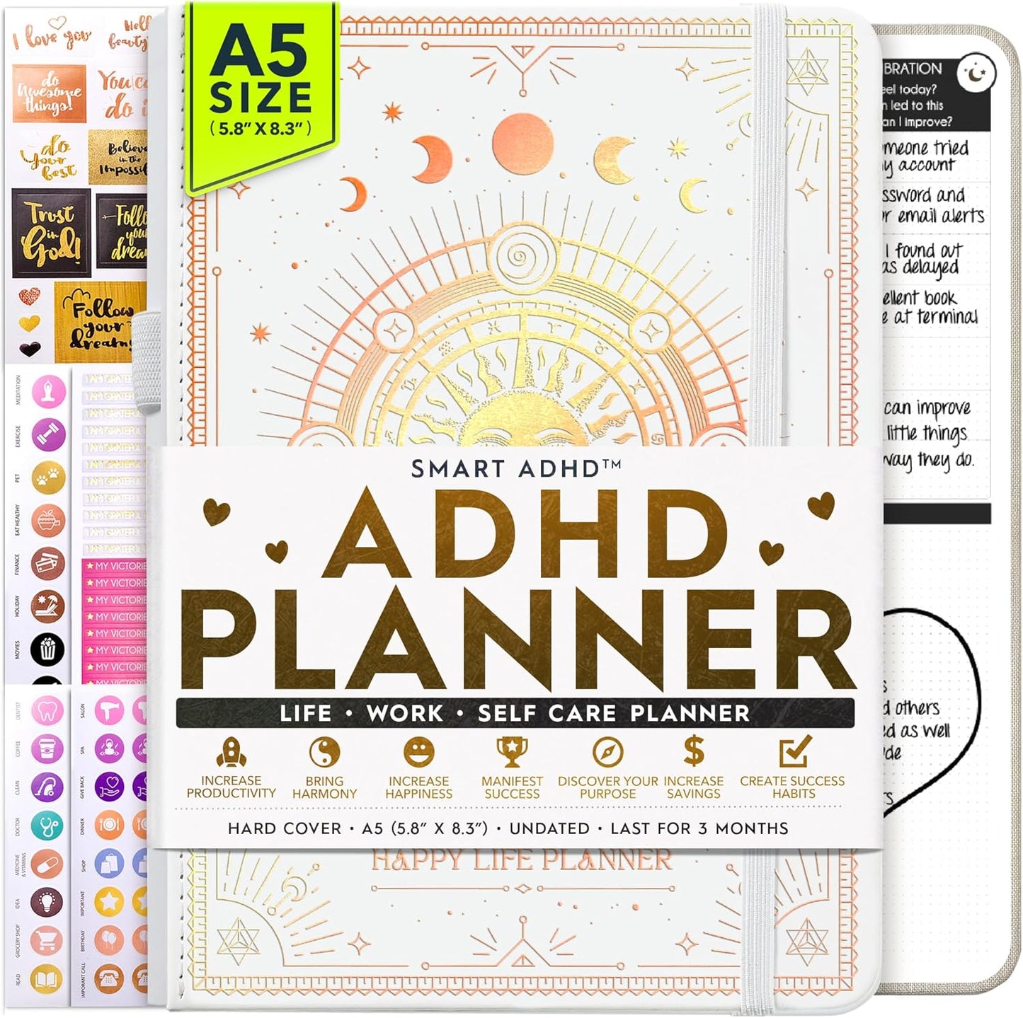 Adhd Daily Planner - A Self Care Personal Gratitude Journal to Increase Productivity and Success in Life & Work, Weekly & Monthly Undated Planner for Women and Men, Vision Board & Organizer + Stickers