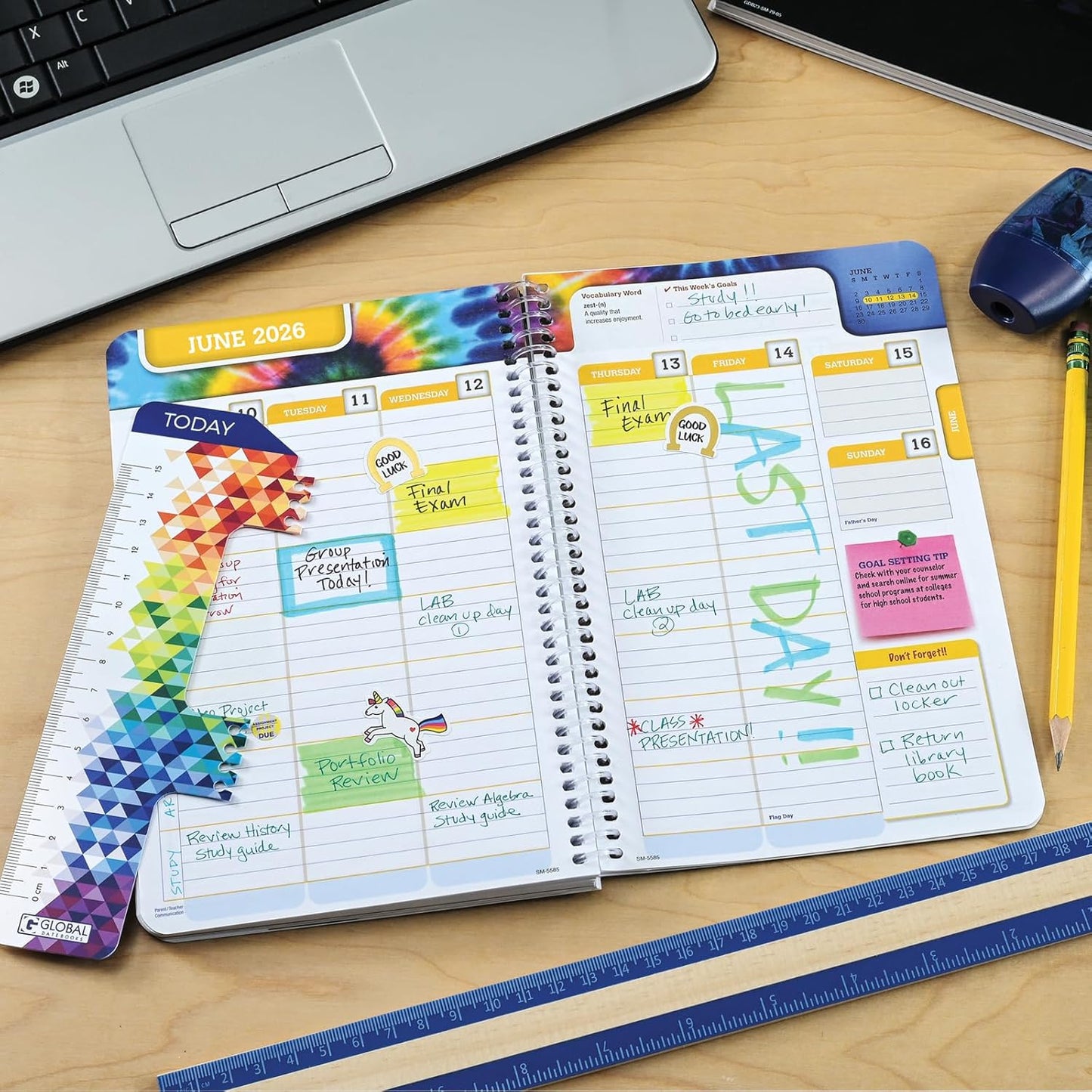 Global Datebooks Dated Middle School or High School Student Planner for Academic Year 2025-2026 Includes Ruler/Bookmark and Planning Stickers (Matrix Style - 5.5"x8.5" - Slant)