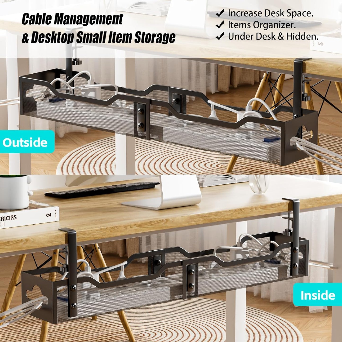 Under Desk Cable Management Tray 24.8", Quszmd Cable Organizer No Drill, Standing Cord Organizer and Wire Management Tray - No Damage to Desk, Black