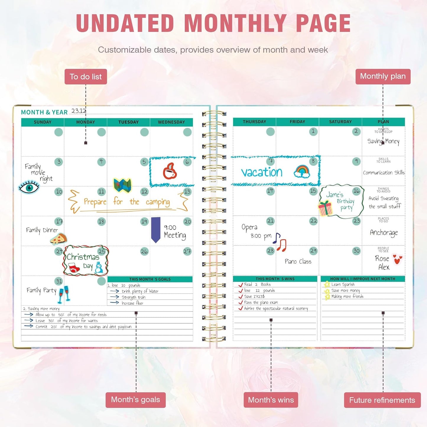 Ospelelf Undated Spiral Bound Planner Daily, Weekly and Monthly Planner, Pink Teacher Student Planner 12 Month 8.5 x 11