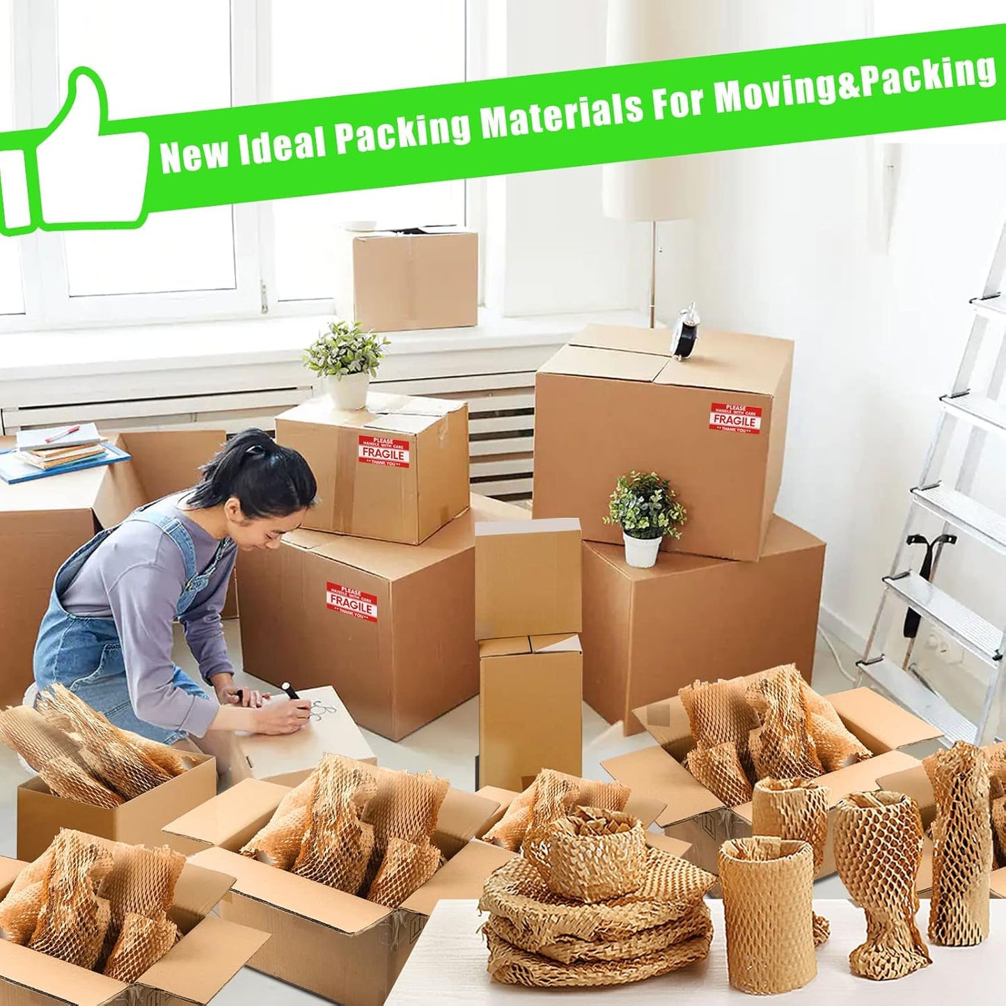 Honeycomb Packing Paper, MINHAO 15"x400' Eco Friendly Packing Paper for Moving Recyclable Honeycomb Paper Moving Supplies Bubble Paper Wrapping Protective Roll, With 36 Fragile Sticker Labels